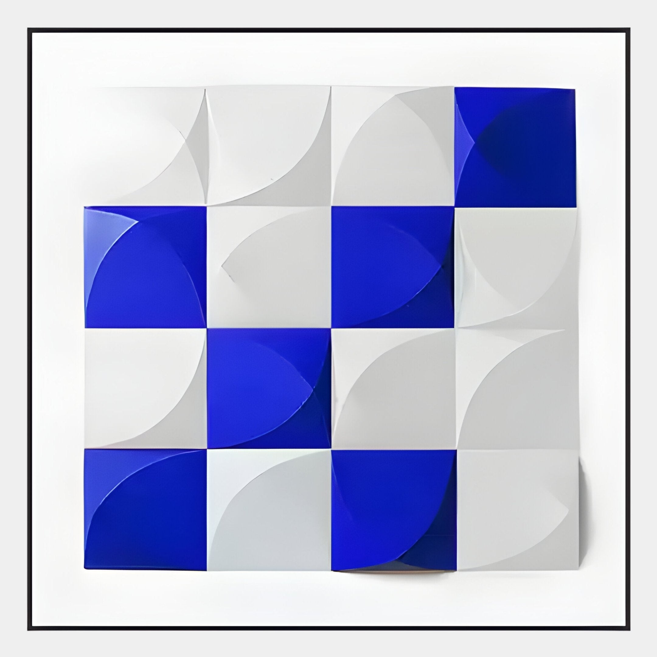 Giant Sculptures’ Geometrica Bold Blue & White Grid 3D Wood Relief Wall Art features a striking abstract pattern with raised square panels and curved cut-outs for a dynamic, dimensional look.