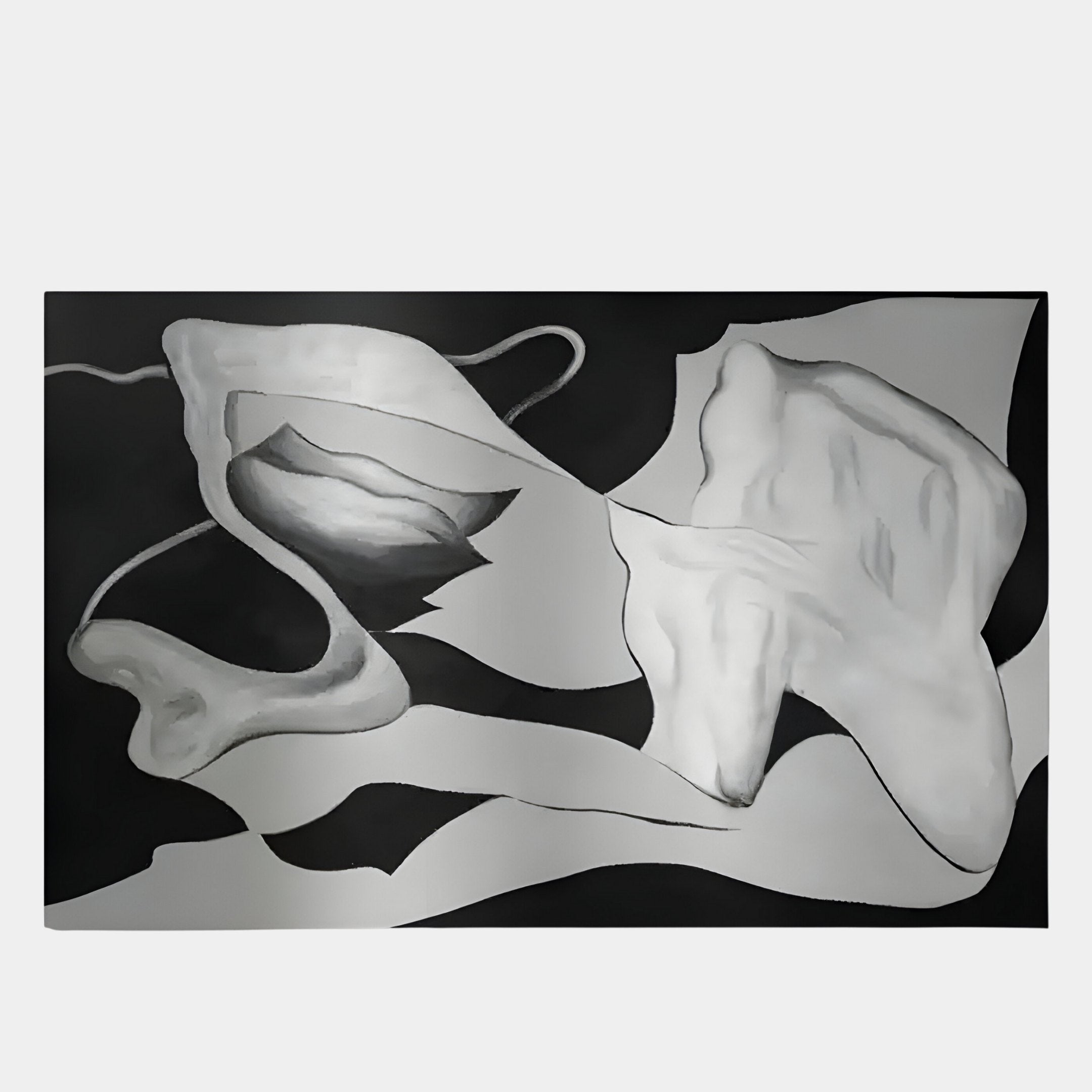 The Calmant Black & Silver Abstract Hand-Painted Wall Art by Giant Sculptures features flowing, ribbon-like shapes and draped forms on a dark background, evoking movement and contrast with wabi-sabi-inspired light and shadow.