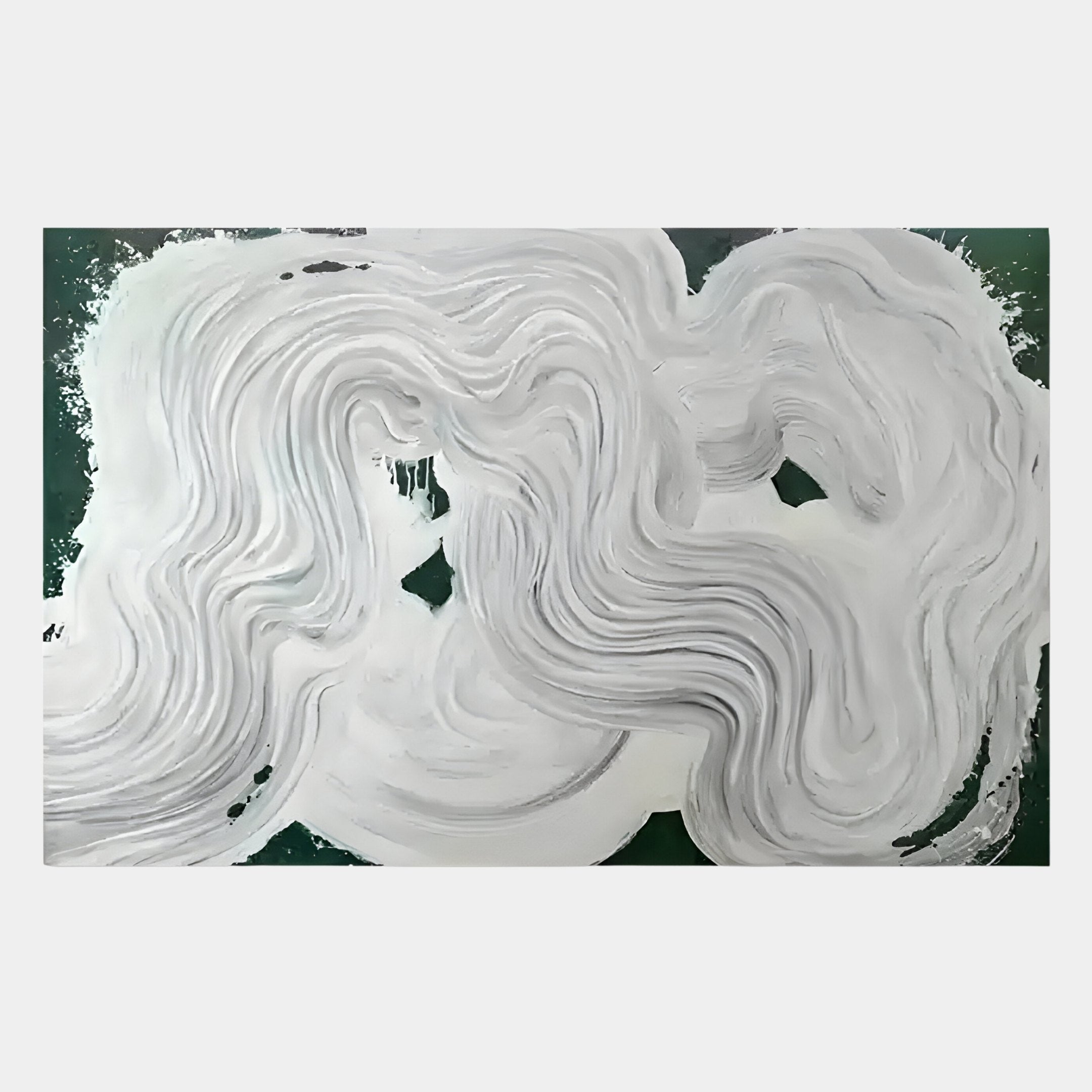 The Calmant Green & White Abstract Hand-Painted Wall Art by Giant Sculptures features swirling, textured white and gray brushstrokes on a dark green background, creating a cloud-like or wave pattern across the canvas.