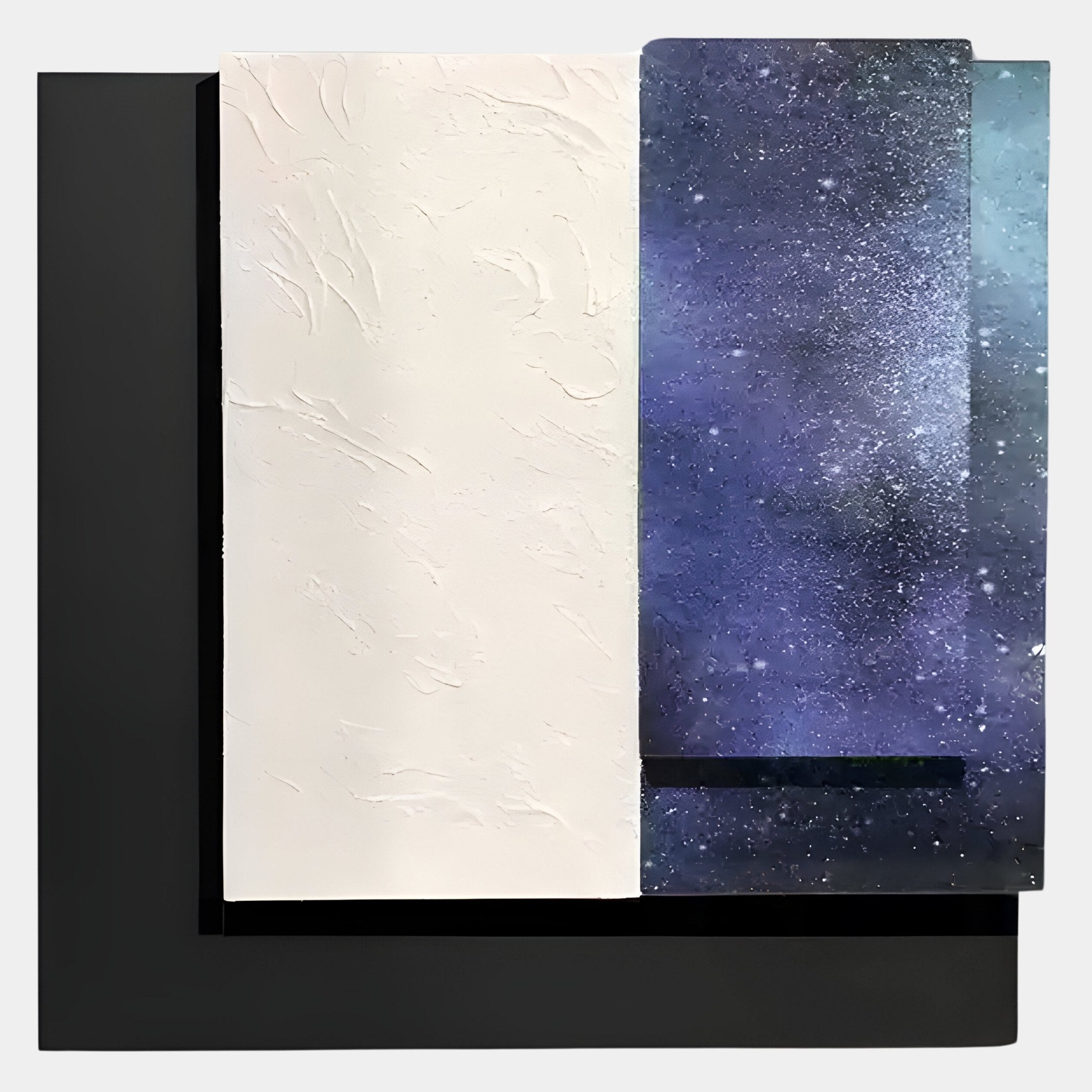 The Astra Galaxy Blue Textured Wood Carving 3D Wall Art by Giant Sculptures features three overlapping rectangles with a black background, textured off-white center, and a starry blue-purple galaxy panel on the right.