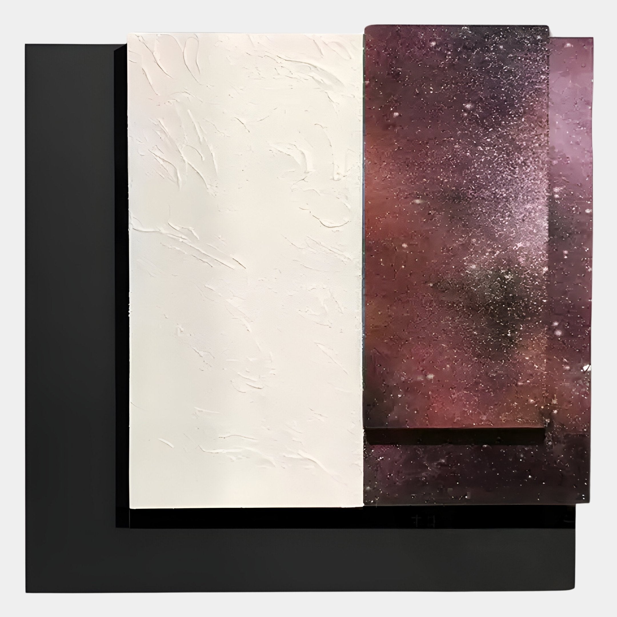 The Astra Cosmic Crimson Textured Wood Carving 3D Wall Art by Giant Sculptures features three overlapping panels: black, off-white textured wood, and a cosmic purple-black panel with white speckles.