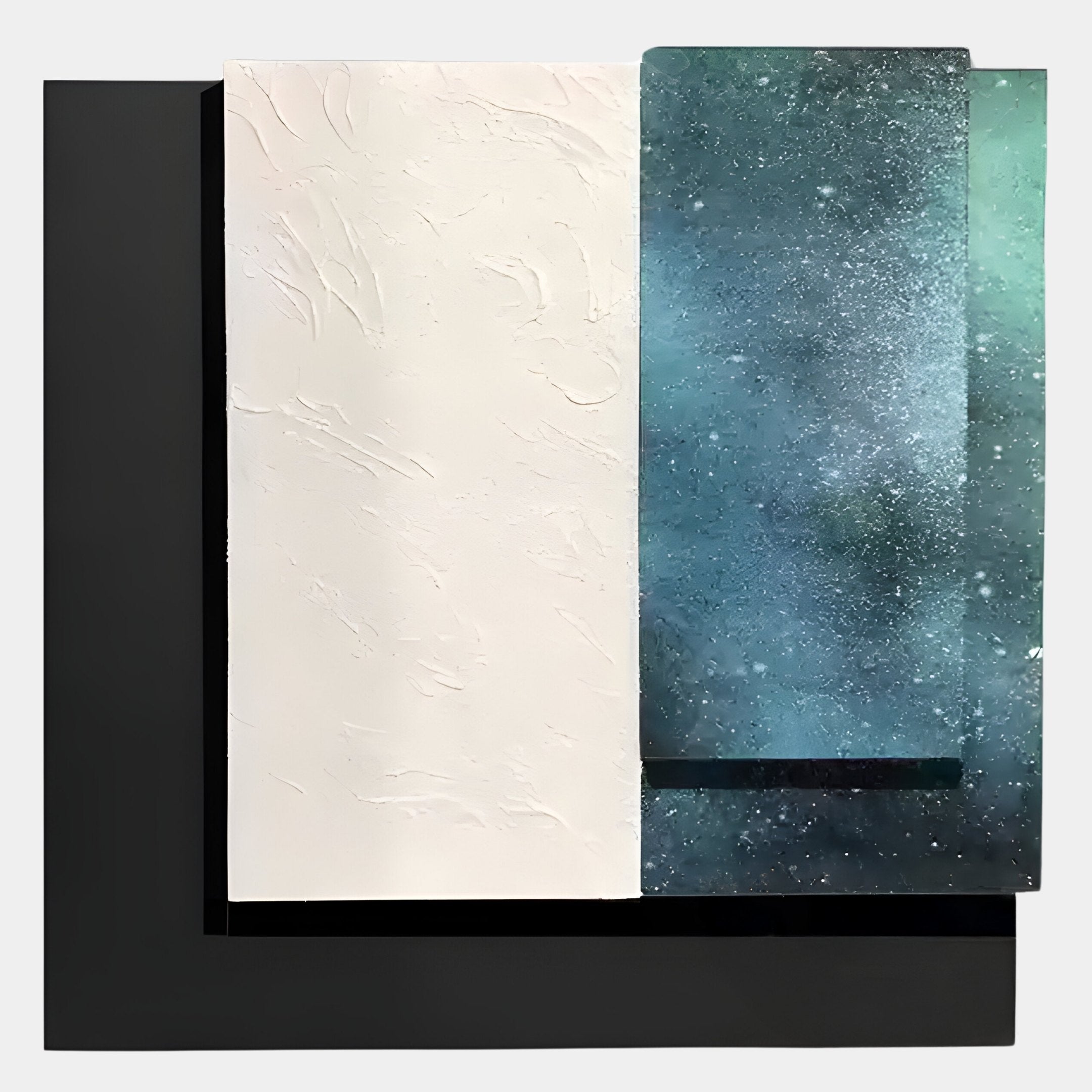 The Astra Midnight Teal Textured Wood Carving 3D Wall Art by Giant Sculptures features layered rectangular panels—a textured white piece and a smooth, midnight teal speckled panel—set against a black background for striking 3D effect.