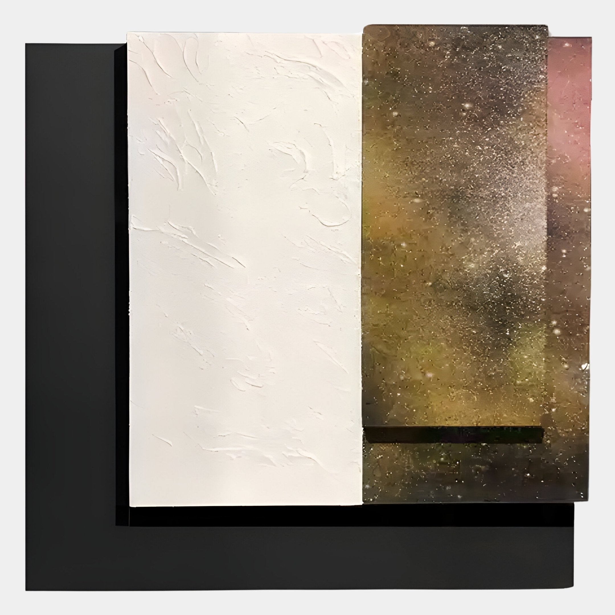 The Astra Stardust Gold Textured Wood Carving 3D Wall Art by Giant Sculptures features a white, plaster-like left panel and a speckled, earth-toned right panel, adding depth and contrast with its celestial-inspired design.