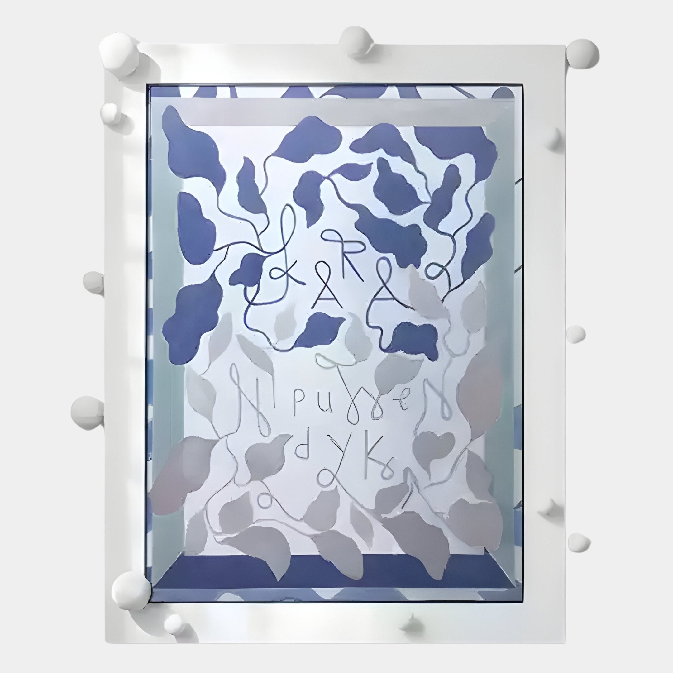 The Florere Misty Blue Hand-Painted Sandstone 3D Wall Art by Giant Sculptures features blue and gray organic shapes, wavy handwritten-style text, and a white Nordic Modern frame with raised round details along the edges.