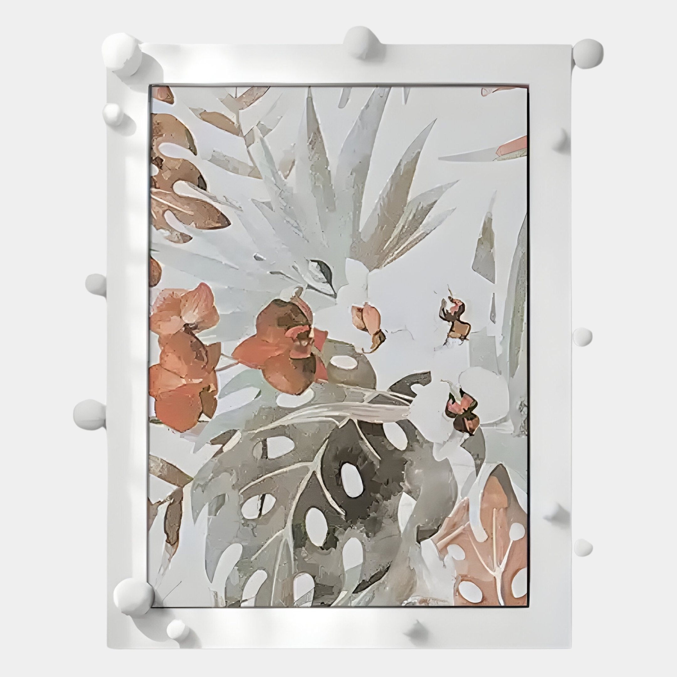 The Florere Botanical Harmony Hand-Painted Sandstone 3D Wall Art by Giant Sculptures features muted green leaves and orange flowers in a white frame with smooth, round 3D bumps—adding unique texture and botanical charm to any space.