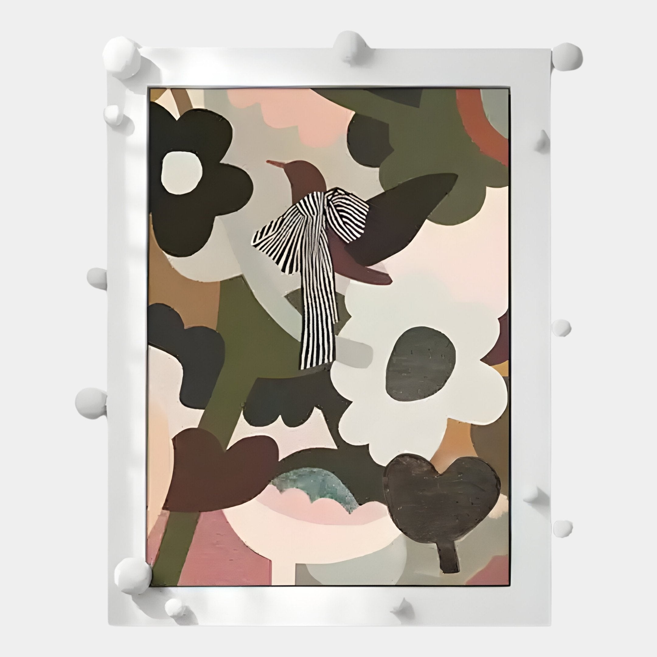 The Florere Vibrant Bloom Hand-Painted Sandstone 3D Wall Art by Giant Sculptures features a bird with a black-and-white striped bow, set among abstract botanicals in muted hues and framed in white with raised, rounded shapes for a modern touch.