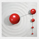 The Galactica White Wood Relief 3D Wall Art With Red Metal Ball by Giant Sculptures features five red metal balls of varying sizes, linked by thin black lines on a white background with ripple patterns. The largest sphere is leftmost, the smallest at the bottom.