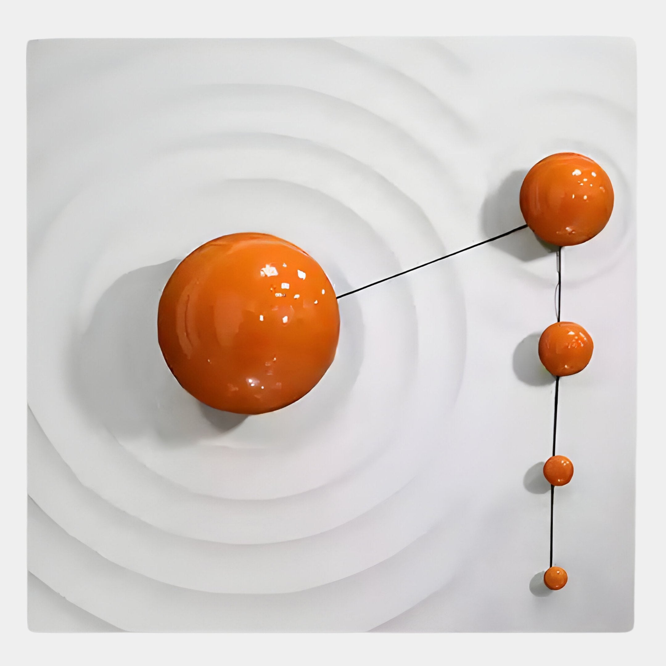 The Galactica White Wood Relief 3D Wall Art With Orange Metal Ball by Giant Sculptures features five glossy orange metal balls joined by thin black lines on a white textured wood background with concentric circular patterns.