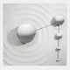The Galactica White Wood Relief 3D Wall Art With White Metal Ball by Giant Sculptures features five glossy spheres of different sizes linked by thin lines on a textured white background with concentric grooves.