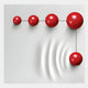 The Galactica White Wood Relief 3D Wall Art With Linear Red Metal Ball by Giant Sculptures features a sleek light-gray backdrop with five red metal spheres of ascending size forming a linear accent, complemented by wavy ripple details.