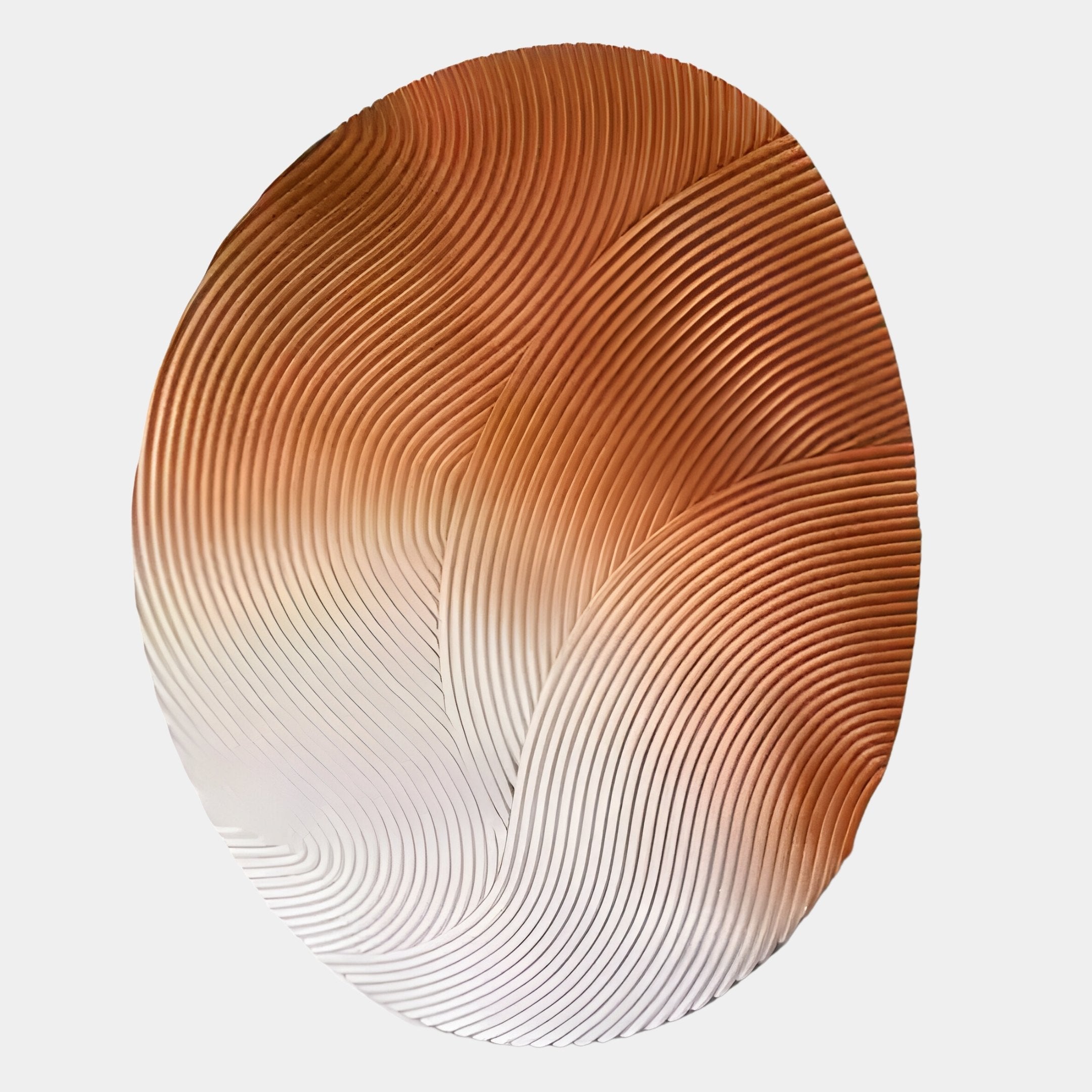Featuring smooth, flowing orange and white gradient lines in an abstract oval shape, the Fluctus Orange Textured Sandstone Wood Relief 3D Wall Art by Giant Sculptures is perfect for Nordic-style living rooms. Plain white background.
