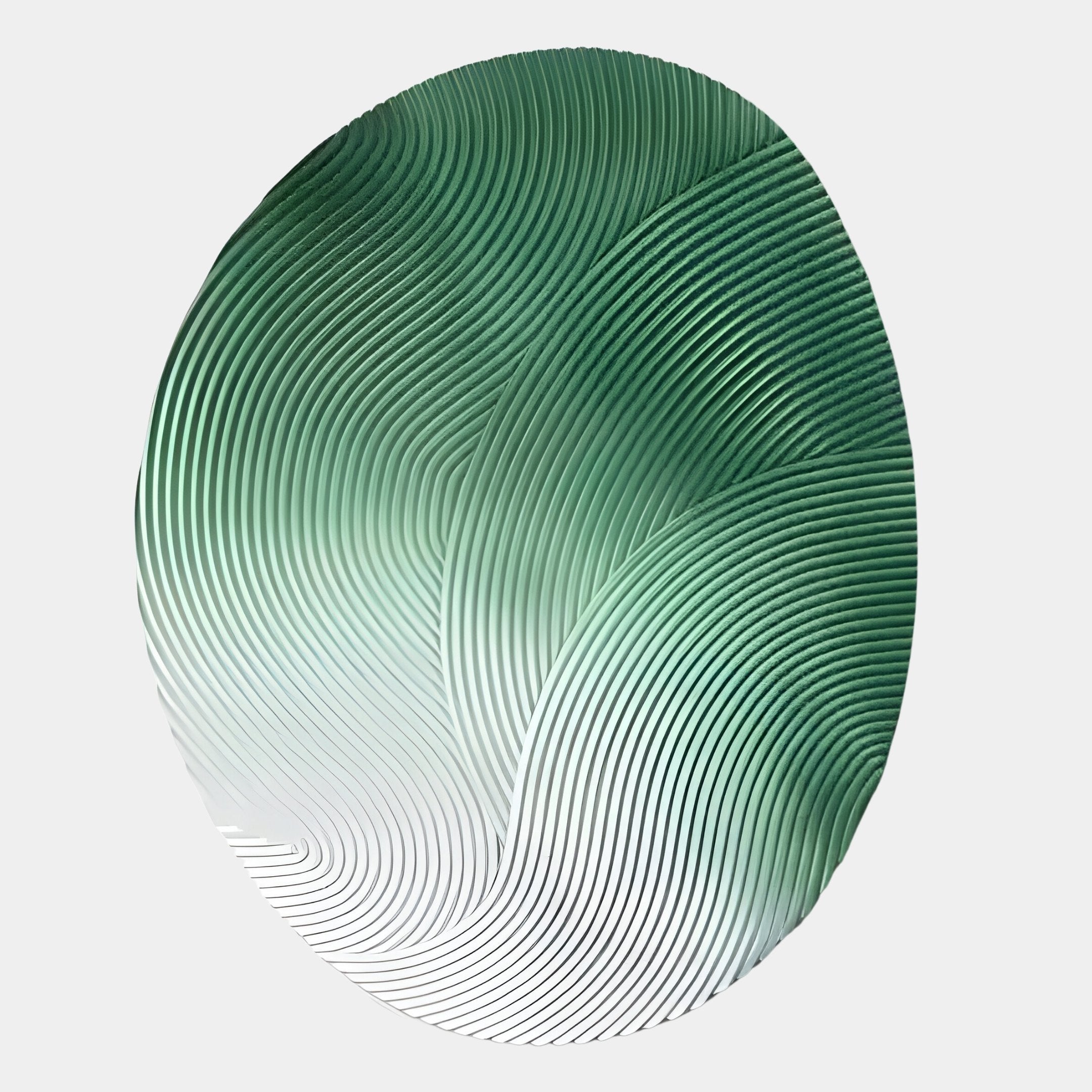 The Fluctus Green Textured Sandstone Wood Relief 3D Wall Art by Giant Sculptures features layered, curved green and white lines that evoke flowing leaves or waves on a light gray background, resembling green sandstone in relief.