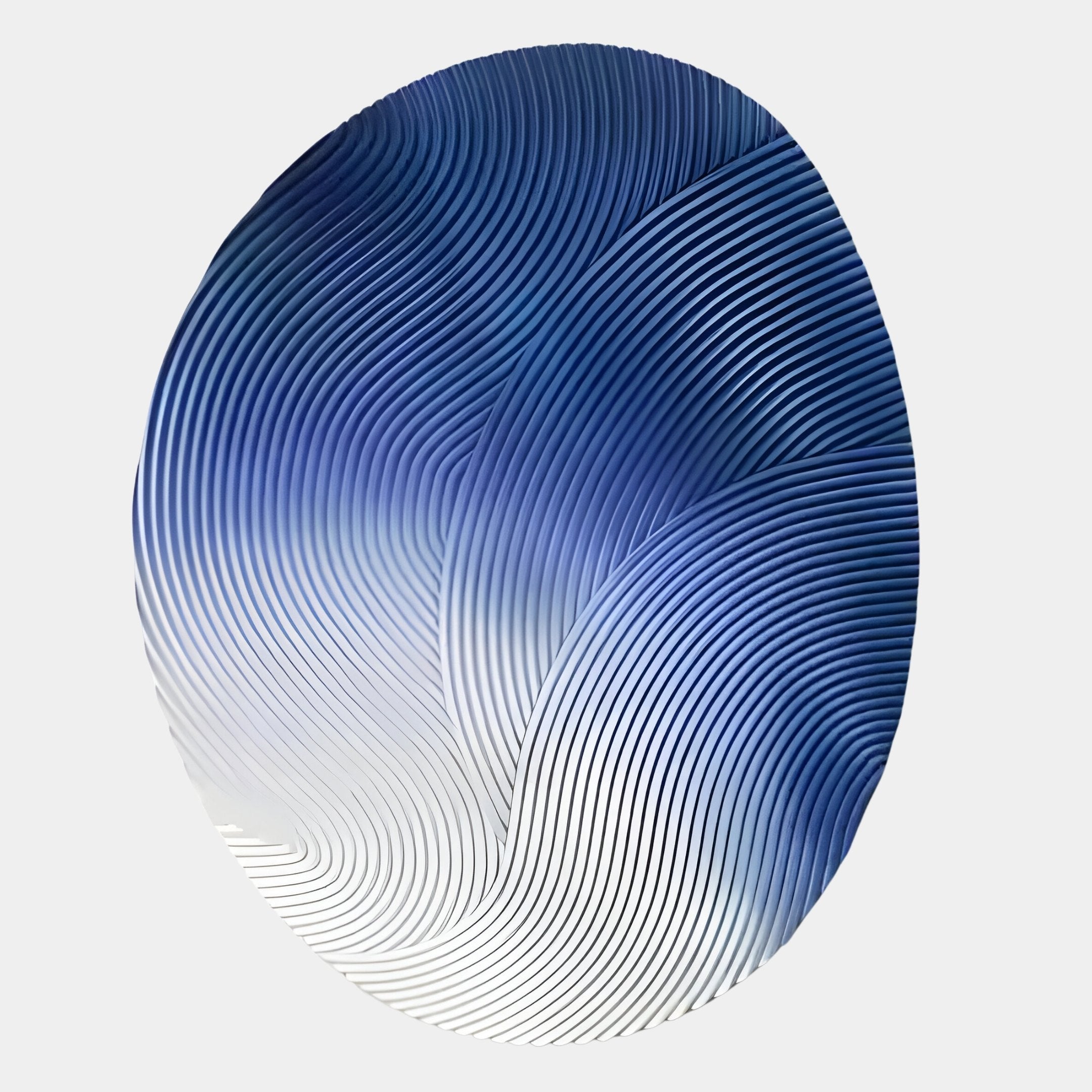 The Fluctus Blue Textured Sandstone Wood Relief 3D Wall Art by Giant Sculptures features curved blue and white lines with a subtle gradient, forming a flowing wave-like abstract design on a light background.