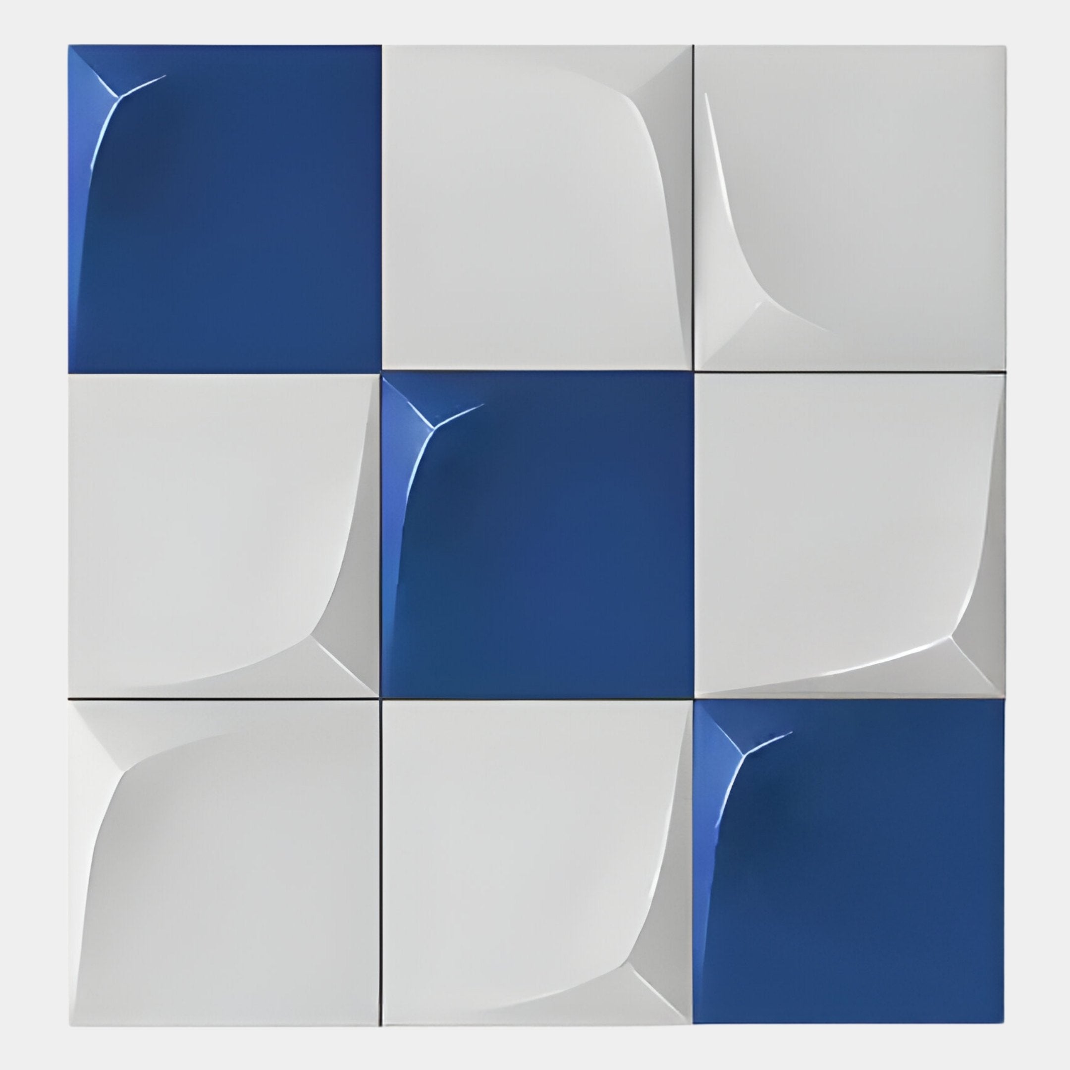 The Curvatura White & Blue Grid 3D Wood Relief Wall Art by Giant Sculptures features a 3x3 array of square tiles with concave, geometric surfaces in alternating blue and white for a bold, modern effect.