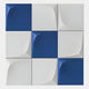The Curvatura White & Blue Grid 3D Wood Relief Wall Art by Giant Sculptures features a 3x3 array of square tiles with concave, geometric surfaces in alternating blue and white for a bold, modern effect.