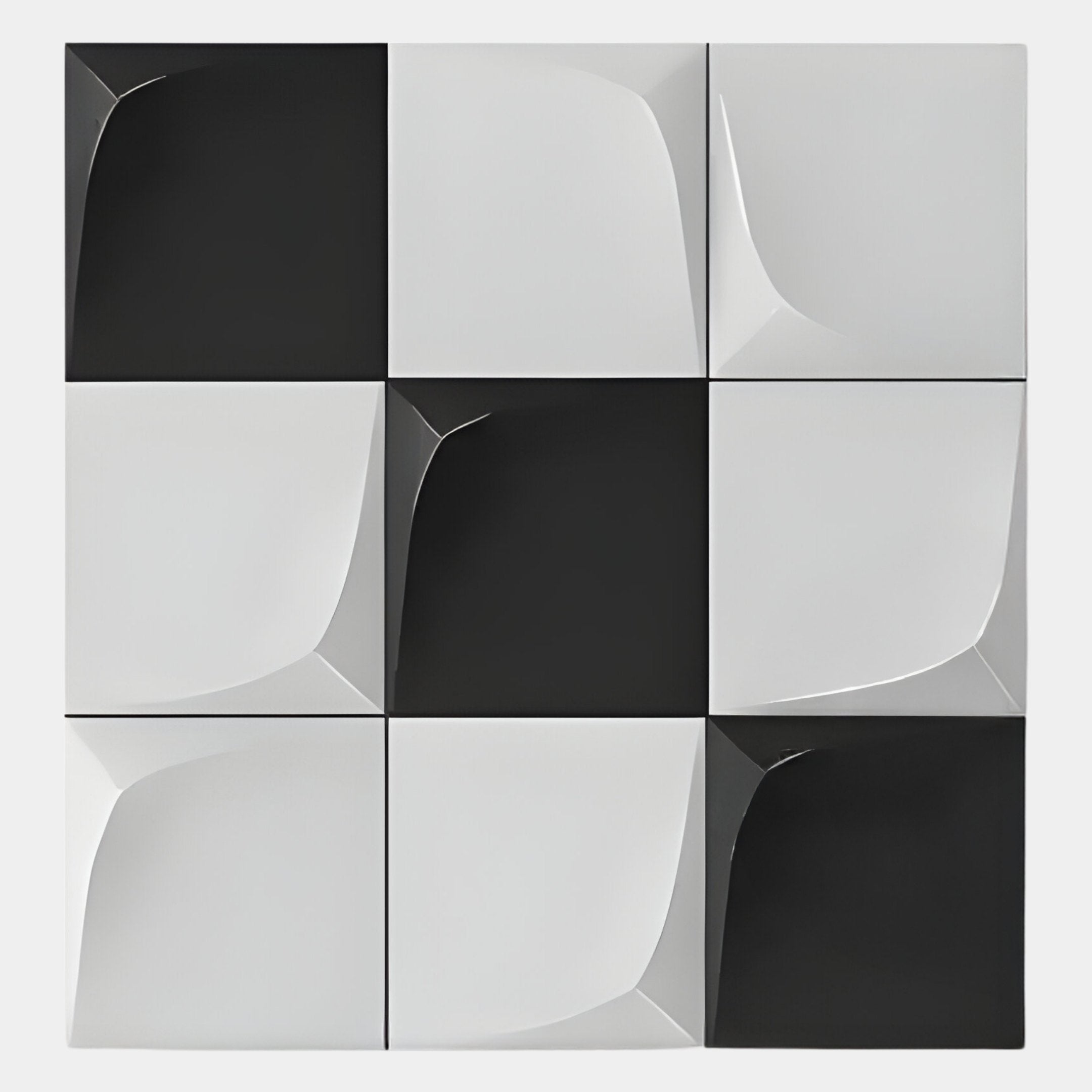 The Curvatura White & Black Grid 3D Wood Relief Wall Art by Giant Sculptures features a 3x3 grid of black and white tiles with a geometric concave design, creating a sculpted, checkerboard look for striking monochrome wall decor.