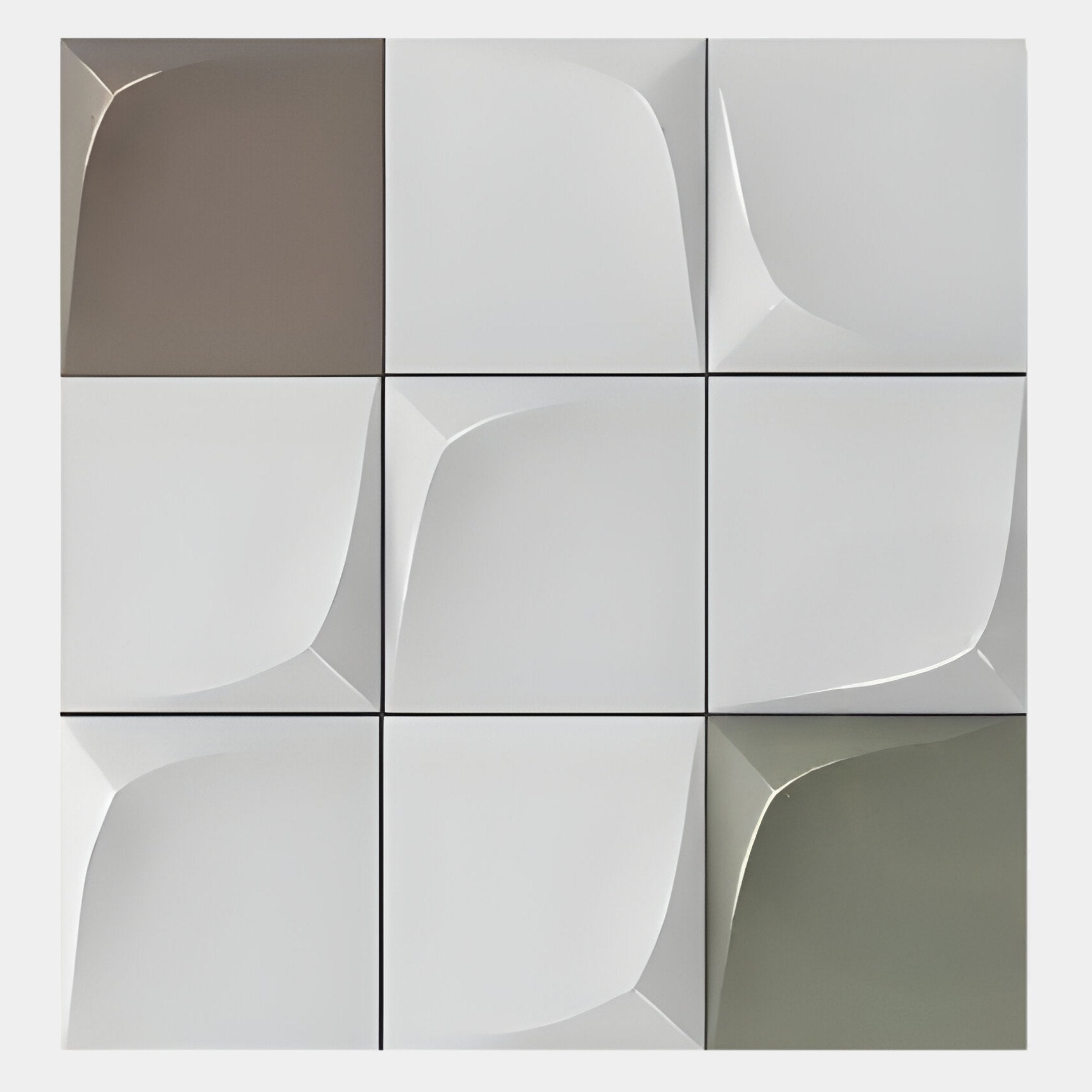 The Curvatura White, Olive & Grey Grid 3D Wood Relief Wall Art by Giant Sculptures features nine square tiles in a 3x3 grid with curved, geometric surfaces in neutral gray, white, taupe, and olive green—a minimalist design for modern interiors.