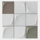 The Curvatura White, Olive & Grey Grid 3D Wood Relief Wall Art by Giant Sculptures features nine square tiles in a 3x3 grid with curved, geometric surfaces in neutral gray, white, taupe, and olive green—a minimalist design for modern interiors.