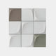 The Curvatura White, Olive & Grey Grid by Giant Sculptures showcases nine square tiles with smooth, curved indentations. Featuring eight reflective white tiles and one contrasting brown tile, this modern 3D wood relief wall art is perfect for minimalist interiors with its neutral tones and sculptural elegance.