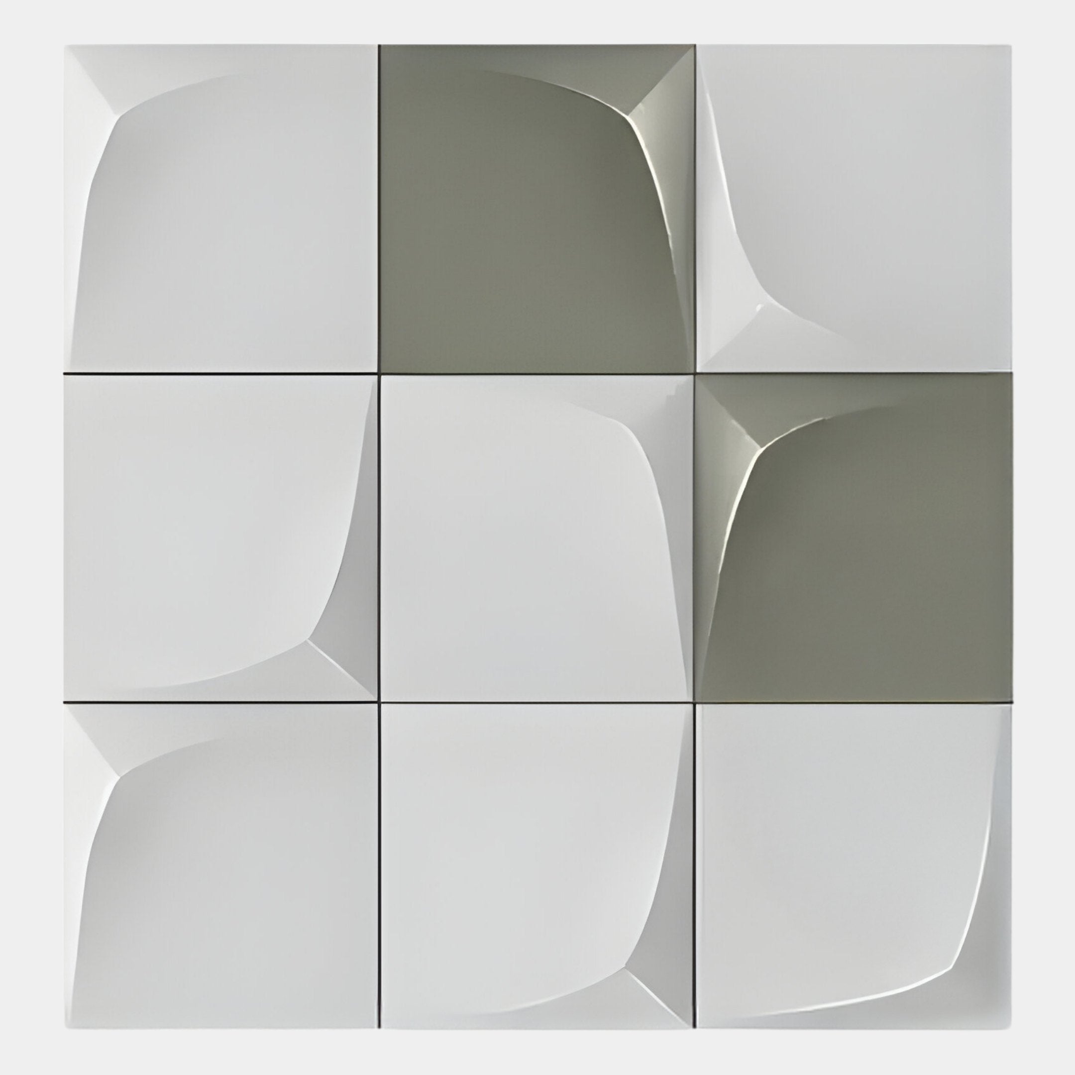 The Curvatura White & Olive 3D Wood Relief Wall Art by Giant Sculptures features a 3x3 grid of solid wood panels in olive green and white, forming abstract curved surfaces for a bold geometric statement.