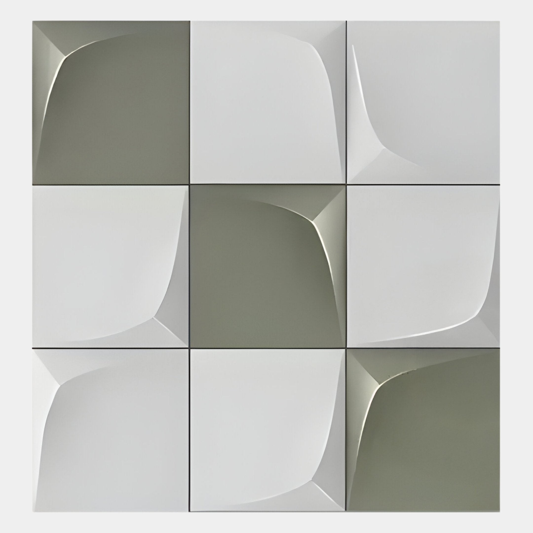 Giant Sculptures Curvatura White & Olive Grid 3D Wood Relief Wall Art features nine abstract tiles in gray and white, each with smooth curves and geometric patterns that create soft shadows for a modern, artistic look.