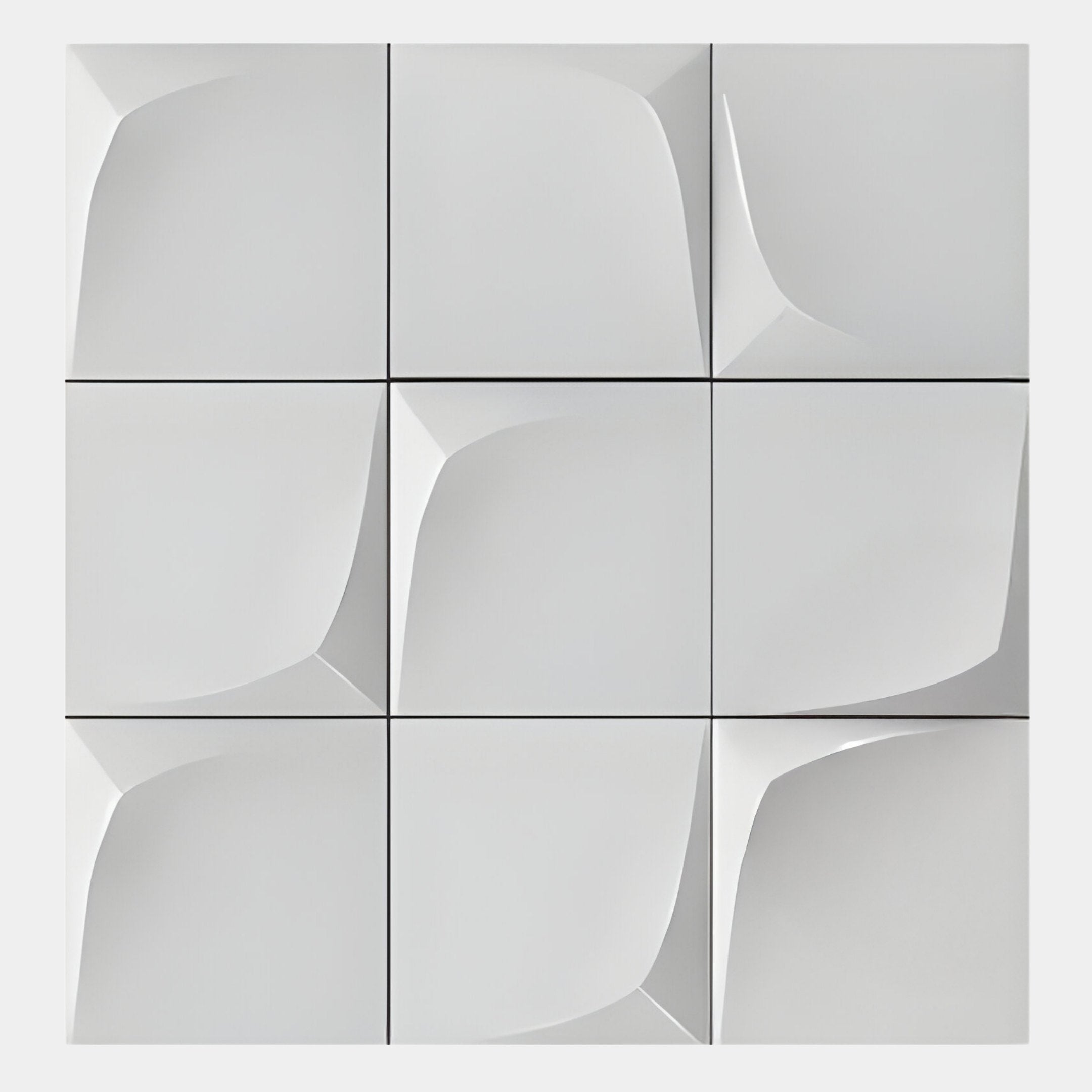 Curvatura White Grid 3D Wood Relief Wall Art by Giant Sculptures features nine square tiles with subtle abstract curves, a minimalist geometric pattern, and light gray tones—perfect for adding contemporary elegance to modern interiors.