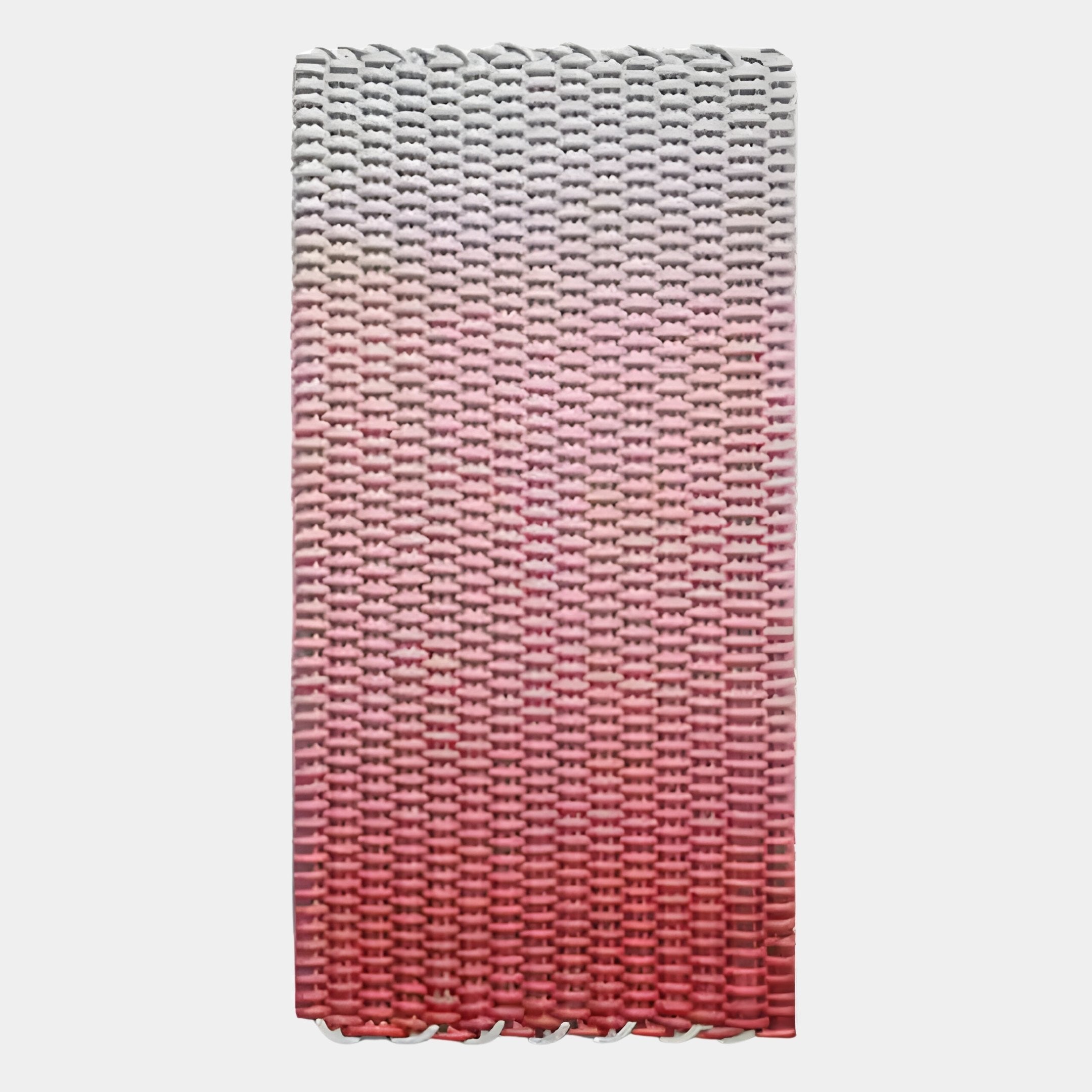 The Spectrum Weave Vertical Rose Blush Wood Relief 3D Wall Art by Giant Sculptures features a rectangular design with vertical weaving and a gradient from white to pink and red, evoking an elegant and modern rose blush aesthetic.