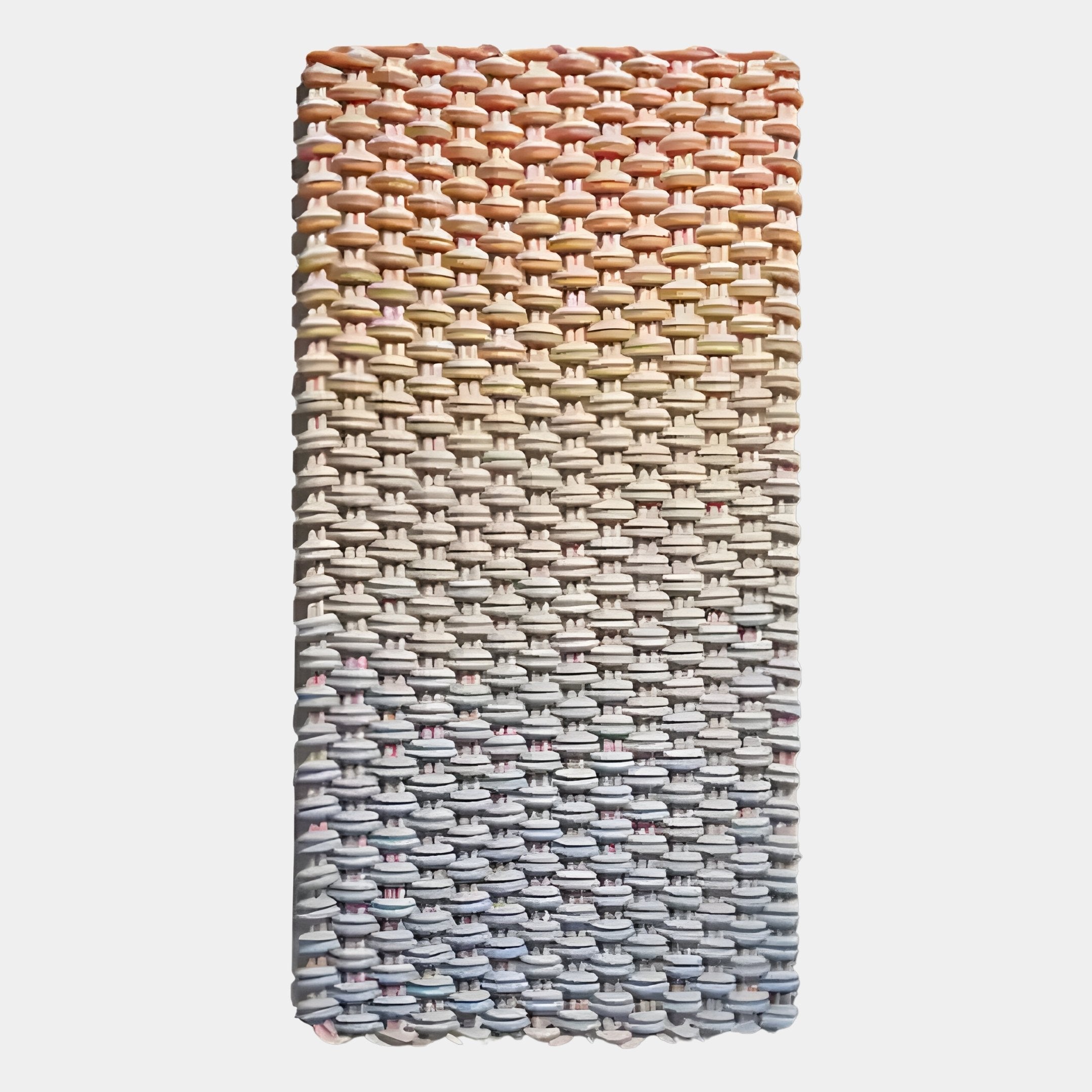 The Spectrum Weave Vertical Earthy Ombre Wood Relief 3D Wall Art by Giant Sculptures features tightly woven material in a gradient from warm orange to soft gray and blue, displayed against a white background.