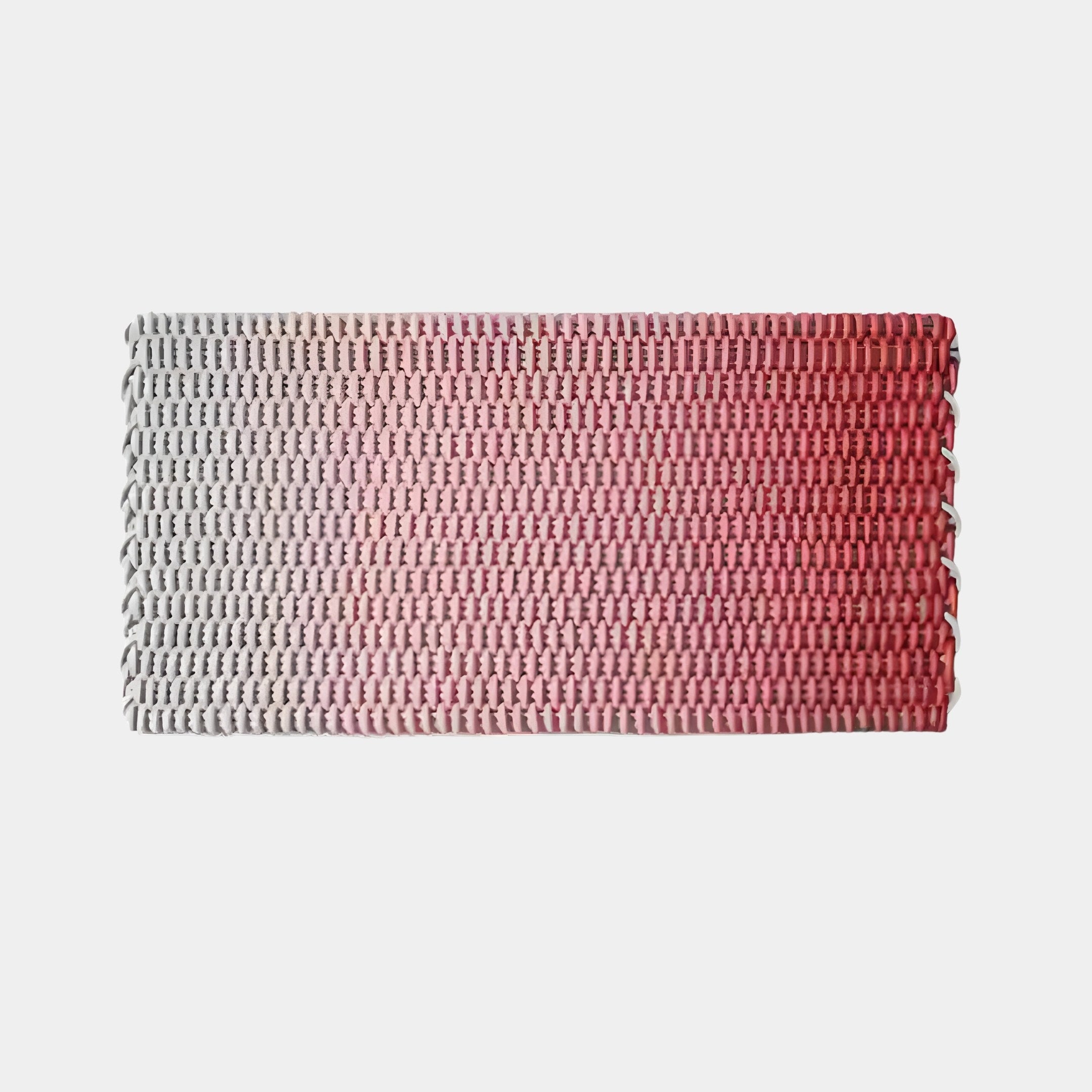 The Spectrum Weave Horizontal Rose Blush Wood Relief 3D Wall Art by Giant Sculptures features a gradient pattern transitioning from light gray to rose blush, showcasing a tightly knit design and adding a tactile element.