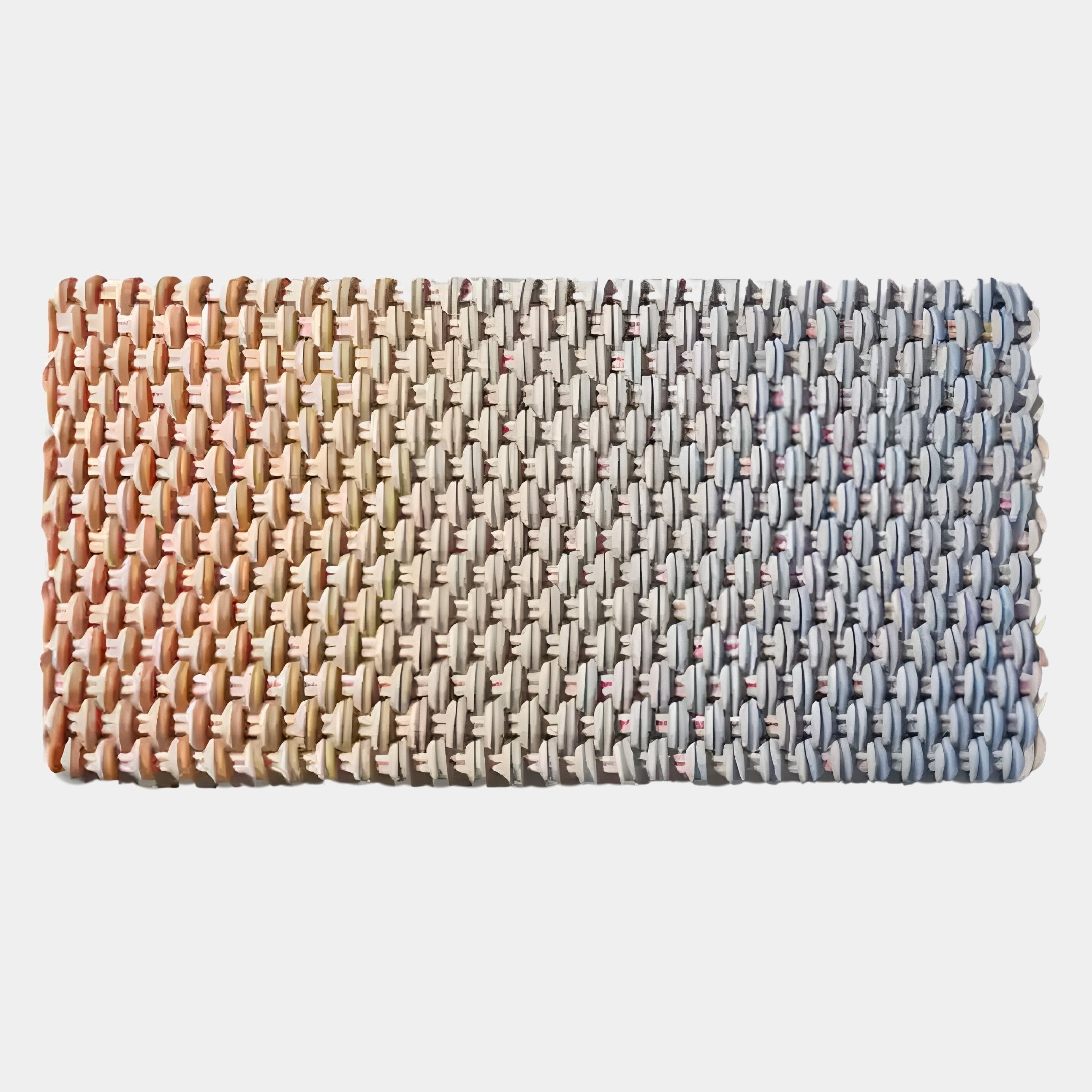 The Spectrum Weave Horizontal Earthy Ombre Wood Relief 3D Wall Art by Giant Sculptures features a textured, interlaced design with an orange-to-light gray gradient that brings natural warmth and style to your space.