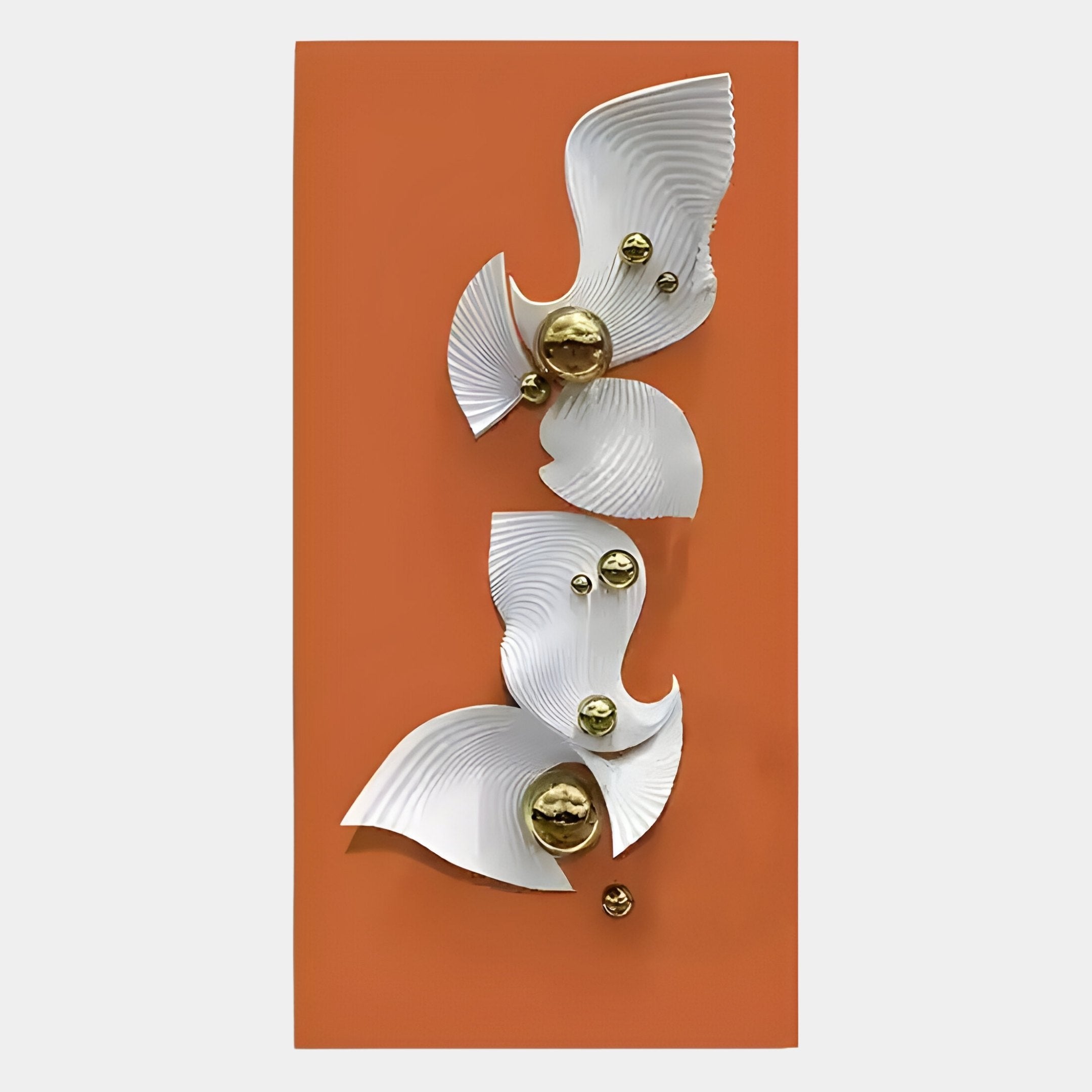 The Aurelia Orange & White 3D Wood Wall Art With Metal Ball by Giant Sculptures features layered white fan shapes with embossed details and metal ball accents on an orange background, adding modern elegance to your space.