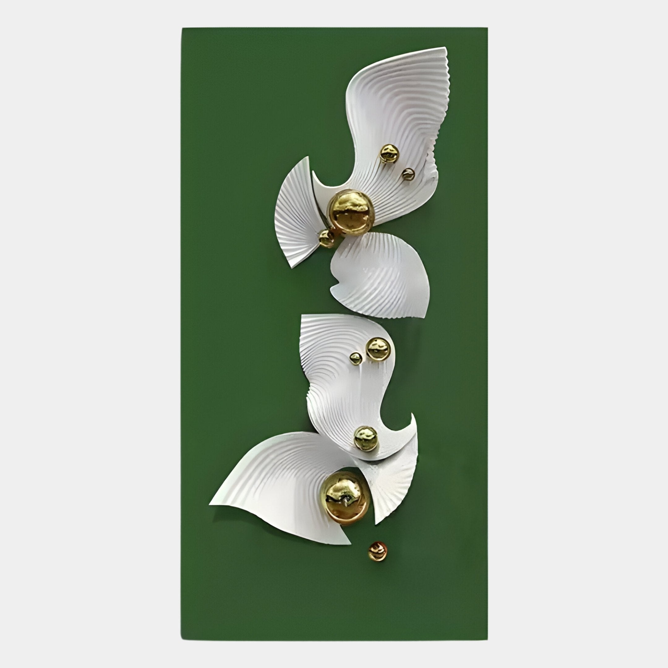 The Aurelia Green & White 3D Wood Wall Art With Metal Ball by Giant Sculptures features layered, fan-like shapes and metal spheres on a dark green background for a striking, modern look.
