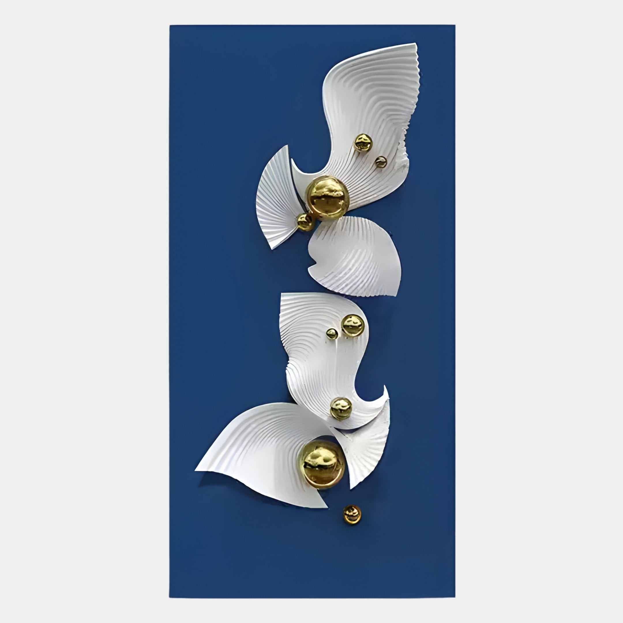 The Aurelia Blue & White 3D Wood Wall Art With Metal Ball by Giant Sculptures features white, wavy, fan-like shapes and shiny metal balls arranged vertically on a deep blue rectangular background.