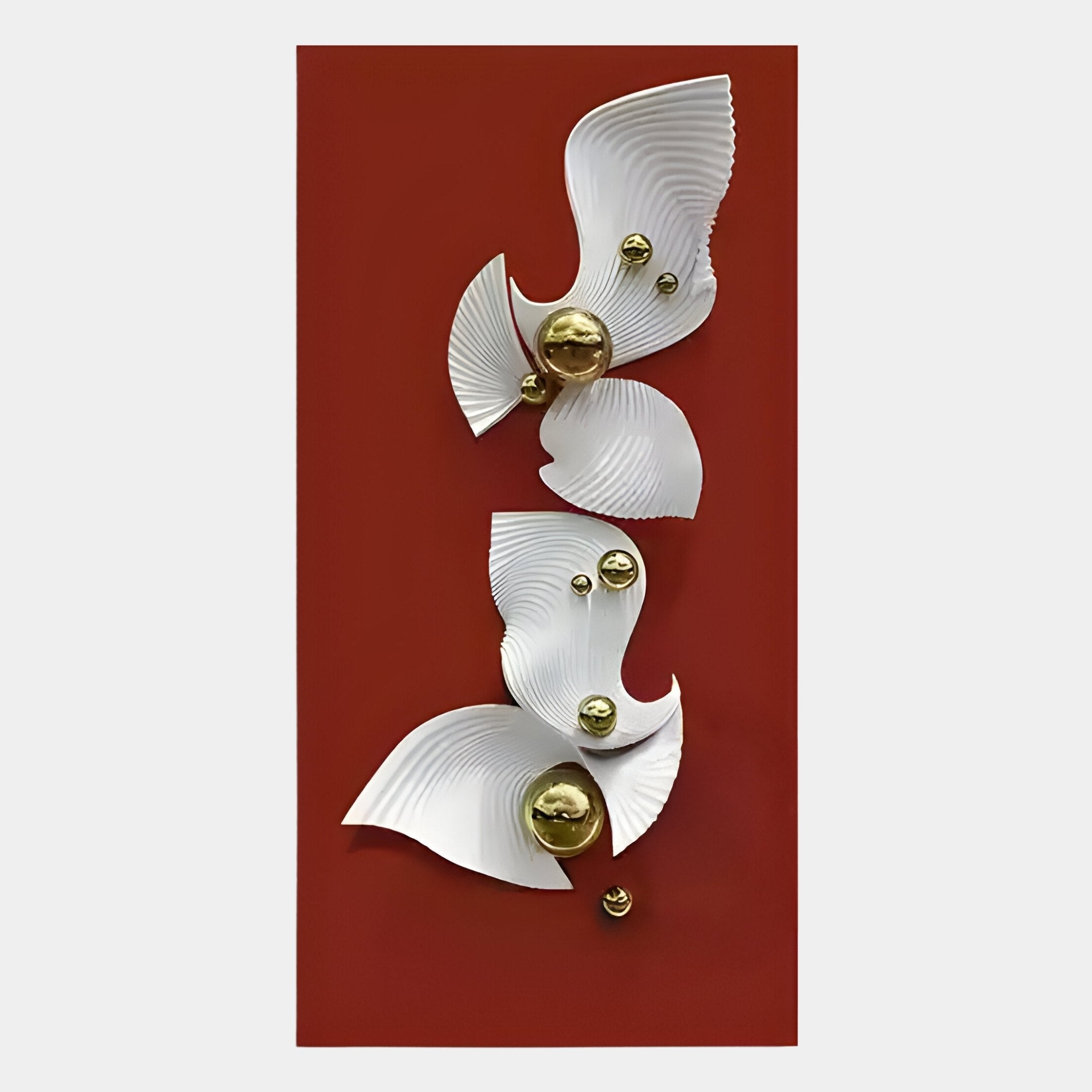 The Aurelia Red & White 3D Wood Wall Art With Metal Ball by Giant Sculptures features embossed wavy fan shapes and metal spheres arranged vertically on a deep red background.