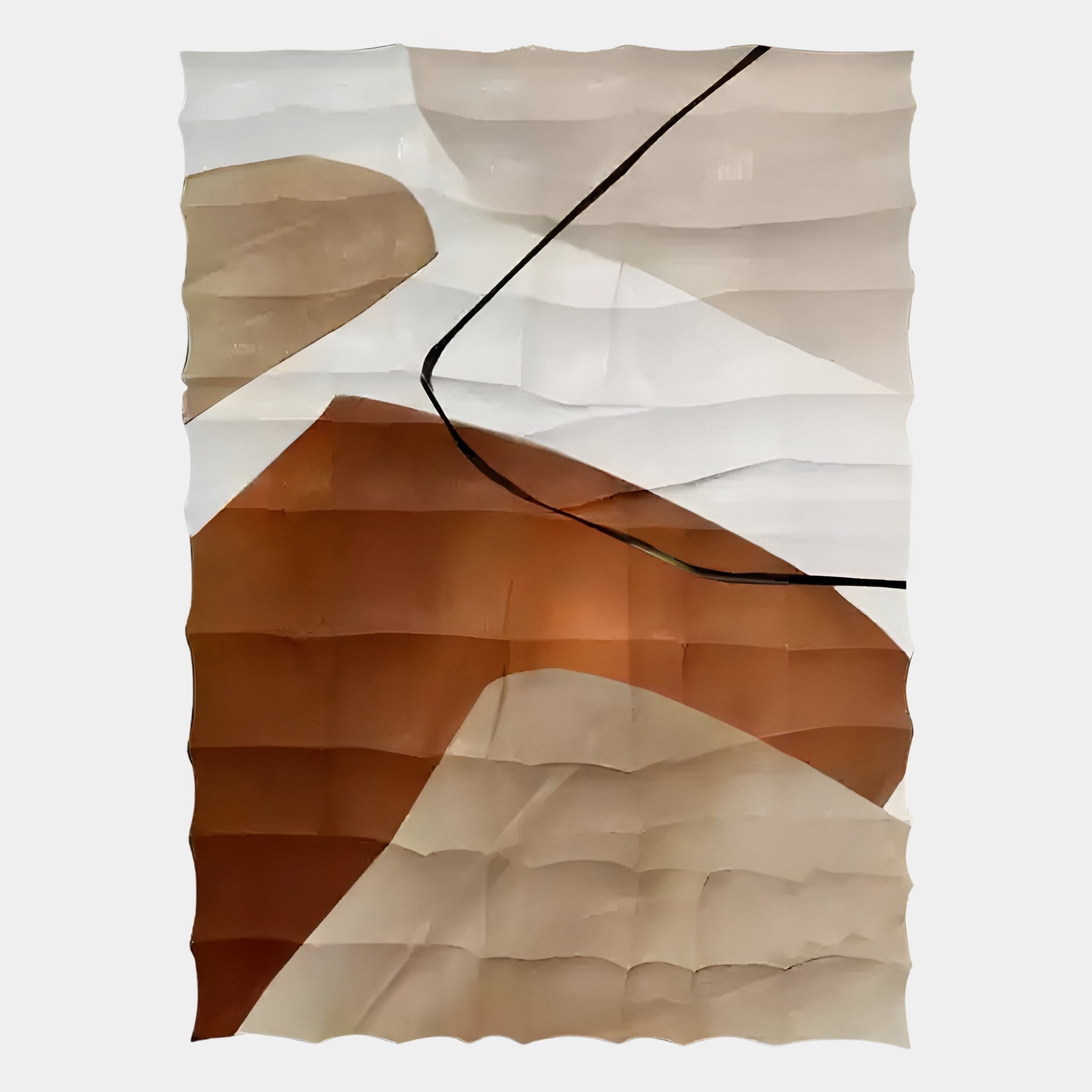 Abstract artwork with overlapping shapes in earthy browns, beige, and white, intersected by a thin black line; the rippled surface evokes an organic feel. Terracurve I Hand-Painted Sandstone Wood Relief 3D Wall Art by Giant Sculptures.