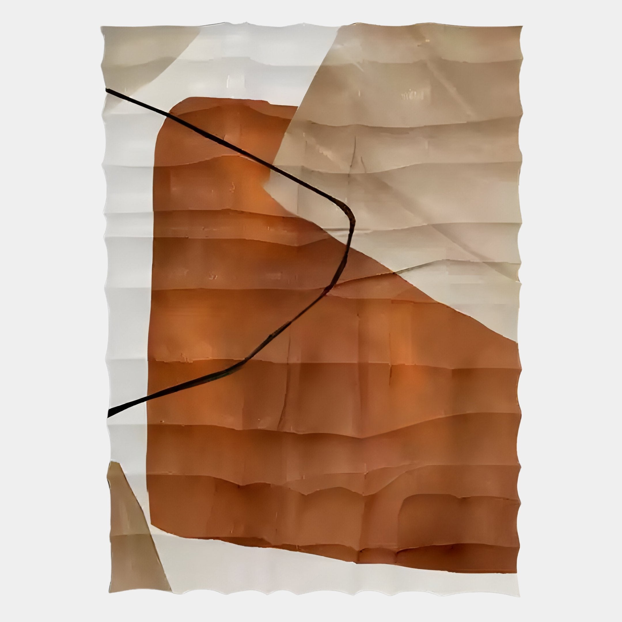 Abstract artwork with wavy beige, brown, and tan bands and a black diagonal curve. The crinkled background adds depth to the organic style of the Terracurve II Hand-Painted Sandstone Wood Relief 3D Wall Art by Giant Sculptures.