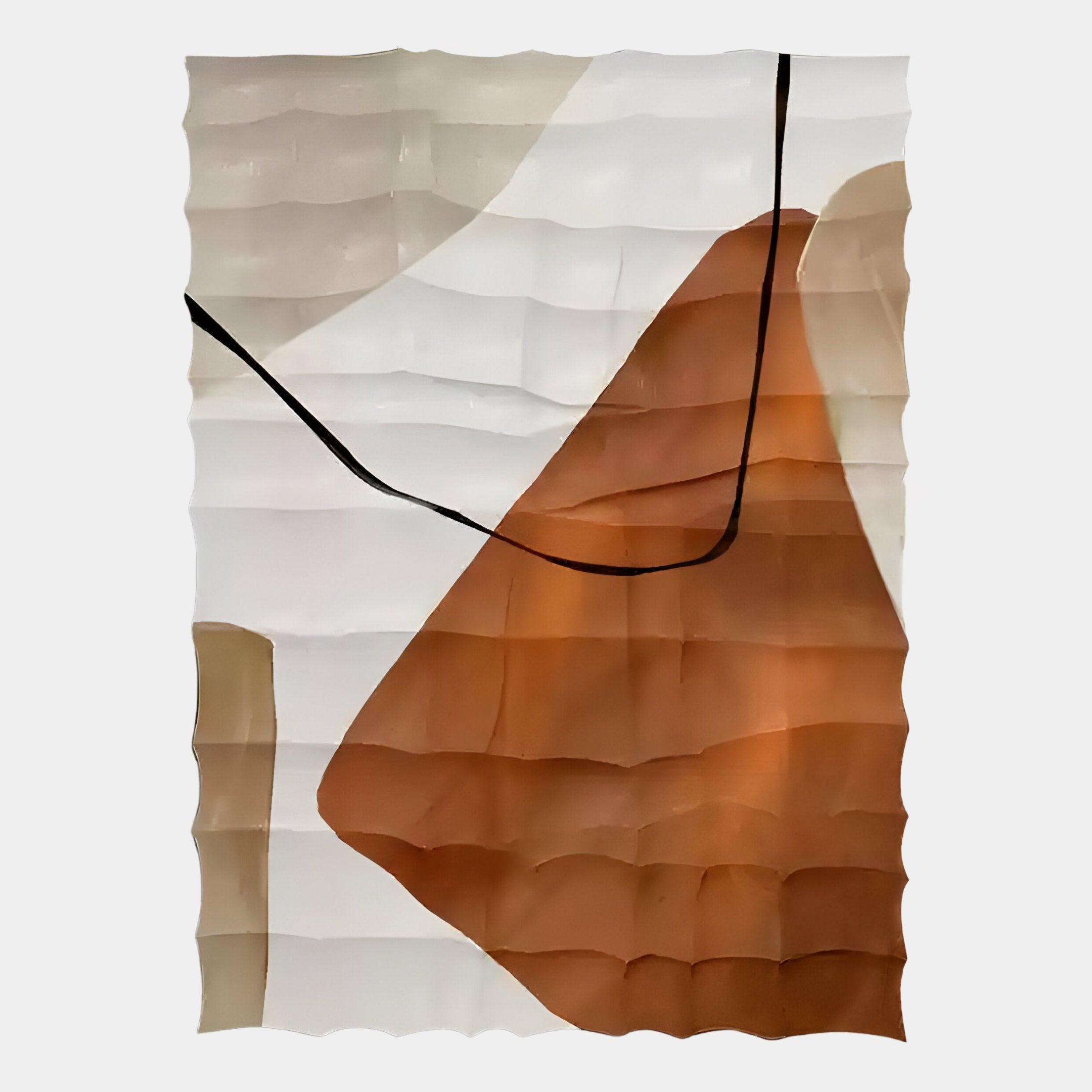 The Terracurve III Hand-Painted Sandstone Wood Relief 3D Wall Art by Giant Sculptures features large overlapping beige, tan, and brown shapes with a wavy textured surface and thin black line, evoking desert-inspired tranquillity.