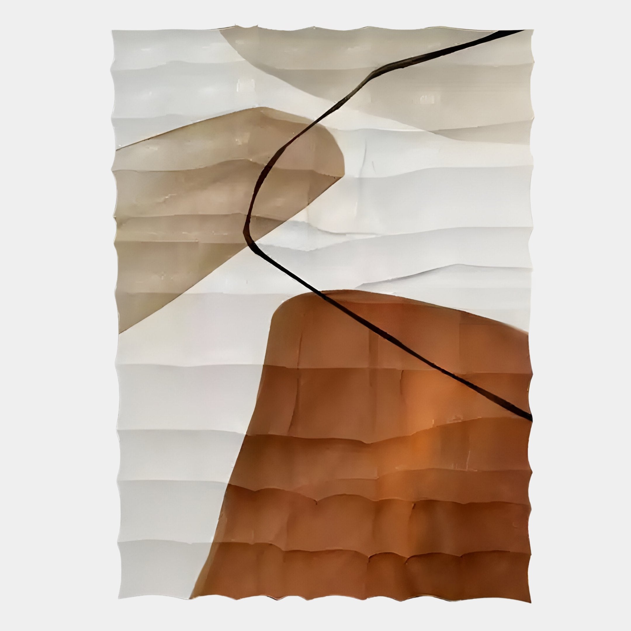 The Terracurve IV Hand-Painted Sandstone Wood Relief 3D Wall Art by Giant Sculptures features abstract, overlapping brown, beige, and white shapes with a wavy border and thin diagonal black line for a unique look.