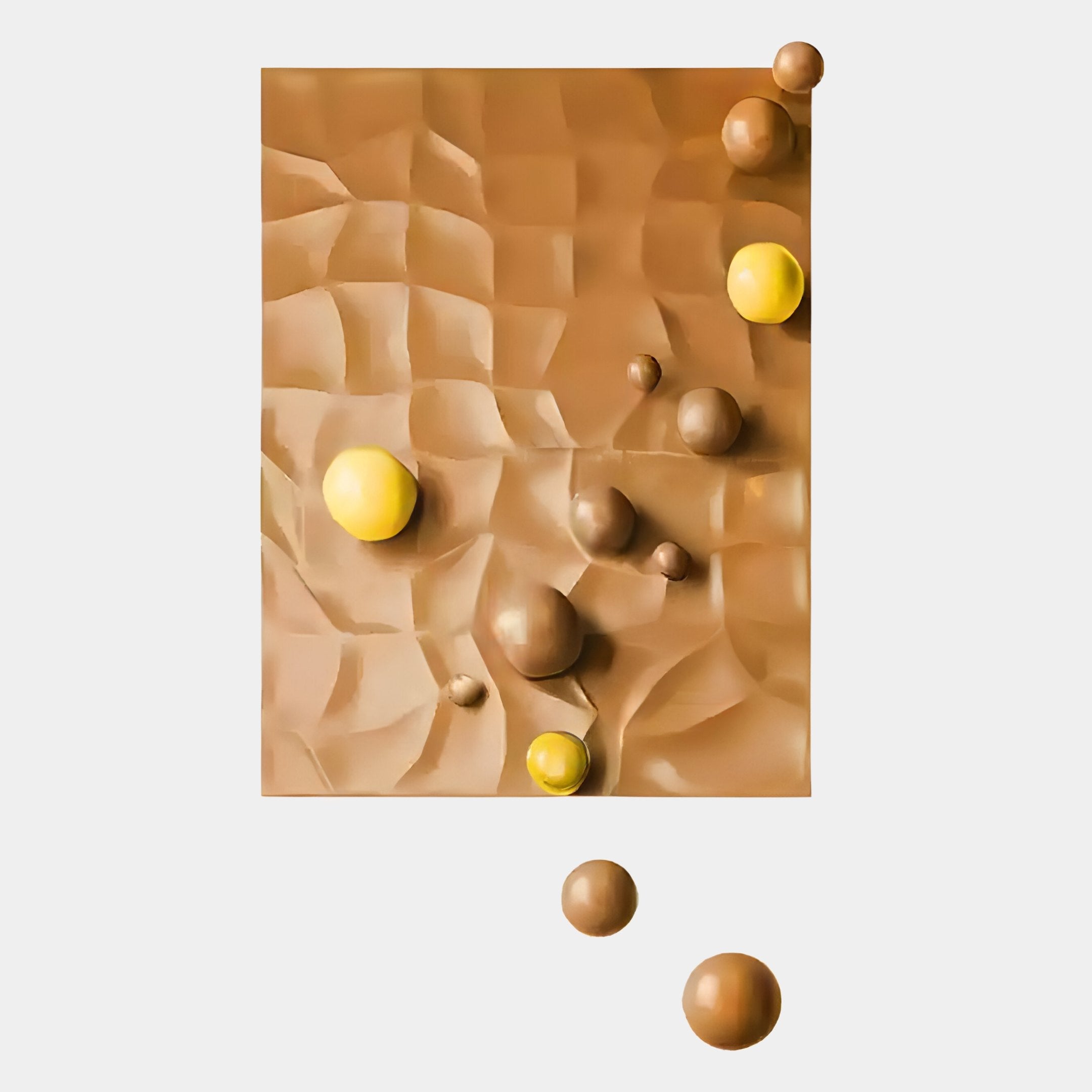 The Orbison Brown 3D Wood Relief Wall Art With Floating Metal Ball by Giant Sculptures features a brown textured surface with raised yellow and brown bumps and floating metal spheres, ideal for adding a modern touch to interiors.