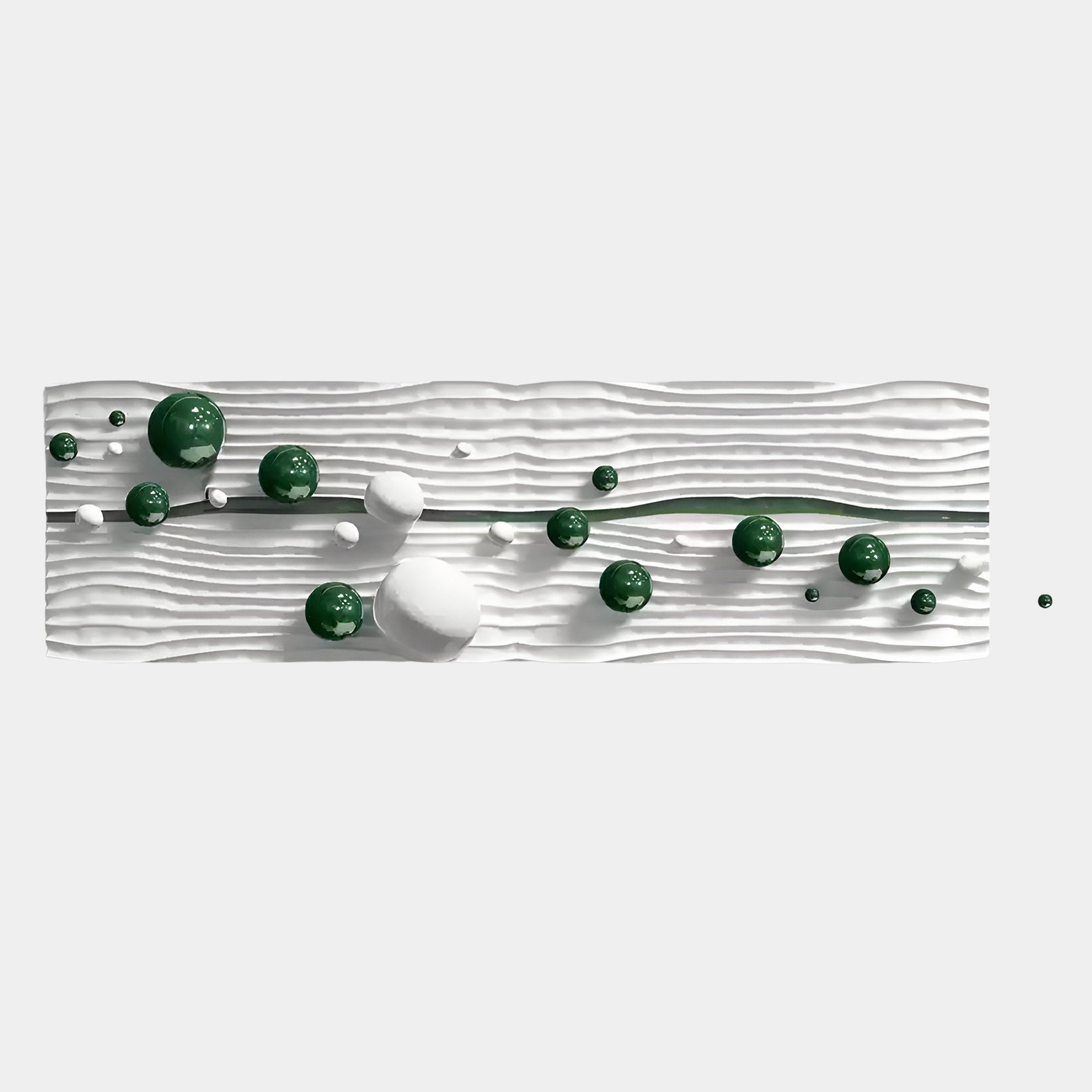 The Lustra Green & White 3D Wood Relief Wall Art With Metal Ball by Giant Sculptures features a rectangular white textured surface with horizontal ridges, green and white 3D accents, and metal balls in matte and glossy finishes on a light gray background.