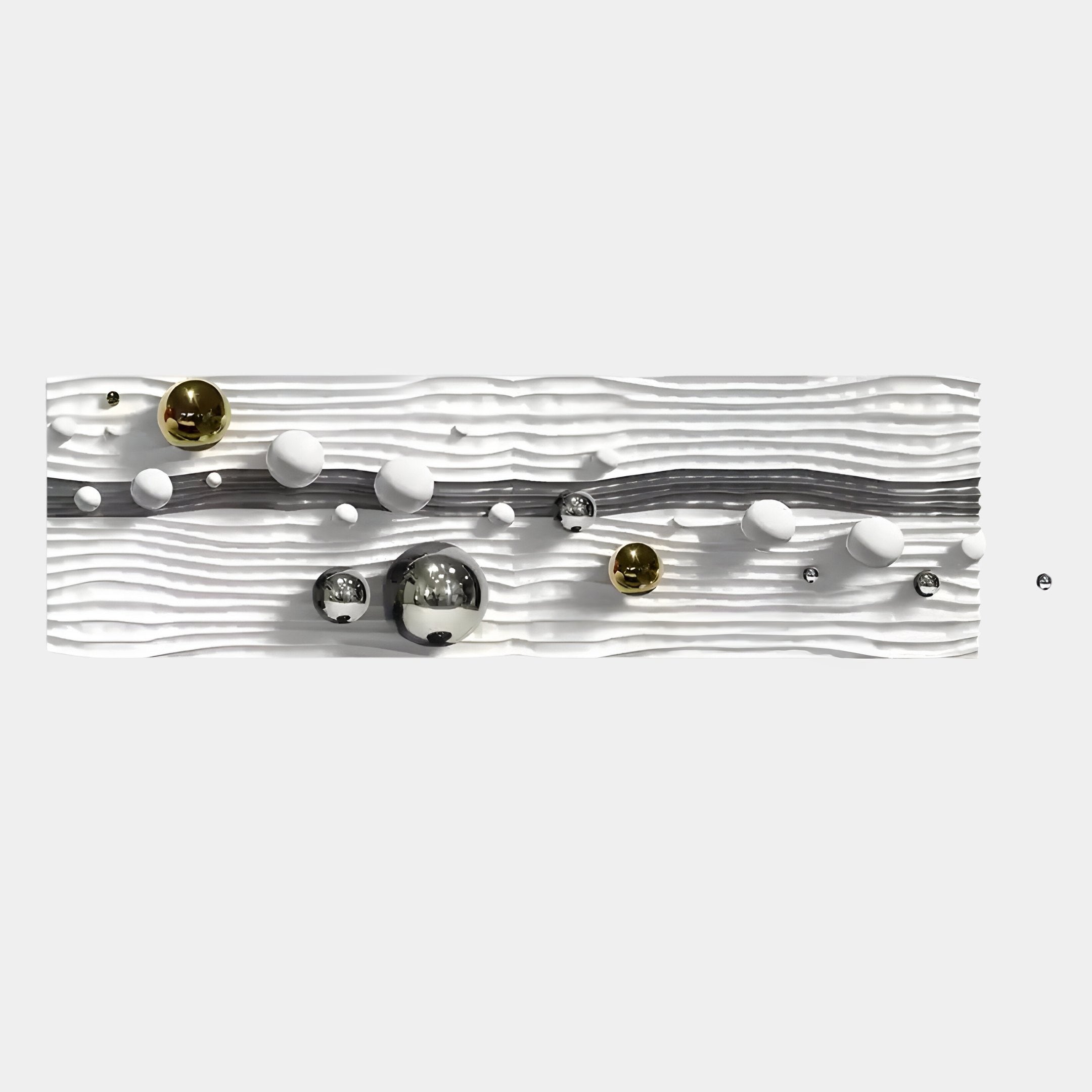 The Lustra Silver & White 3D Wood Relief Wall Art by Giant Sculptures features modern wavy white panels with horizontal grooves, accented with elegant silver and white metal spheres in various sizes.