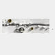 The Lustra Silver & White 3D Wood Relief Wall Art by Giant Sculptures features modern wavy white panels with horizontal grooves, accented with elegant silver and white metal spheres in various sizes.