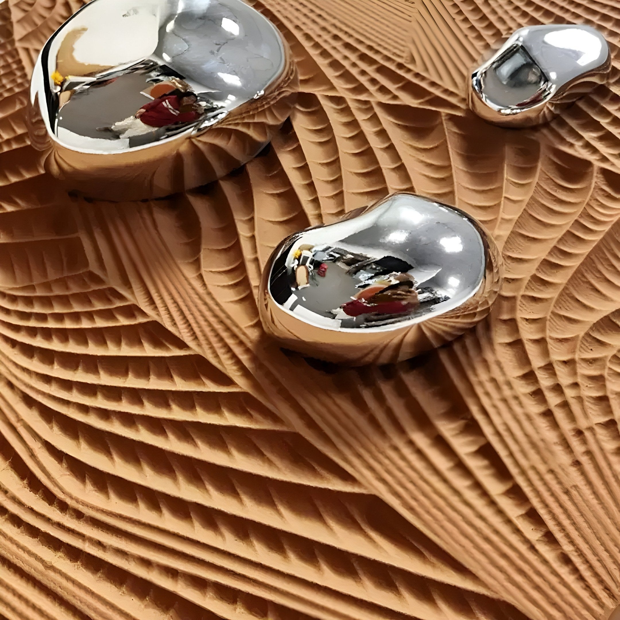 Close-up of reflective, silver droplets on a textured, wavy surface. The resin-plated accents mirror their surroundings with distorted reflections. In the background are intricate carvings in the Verdara Terracotta Wood Relief 3D Wall Art by Giant Sculptures.
