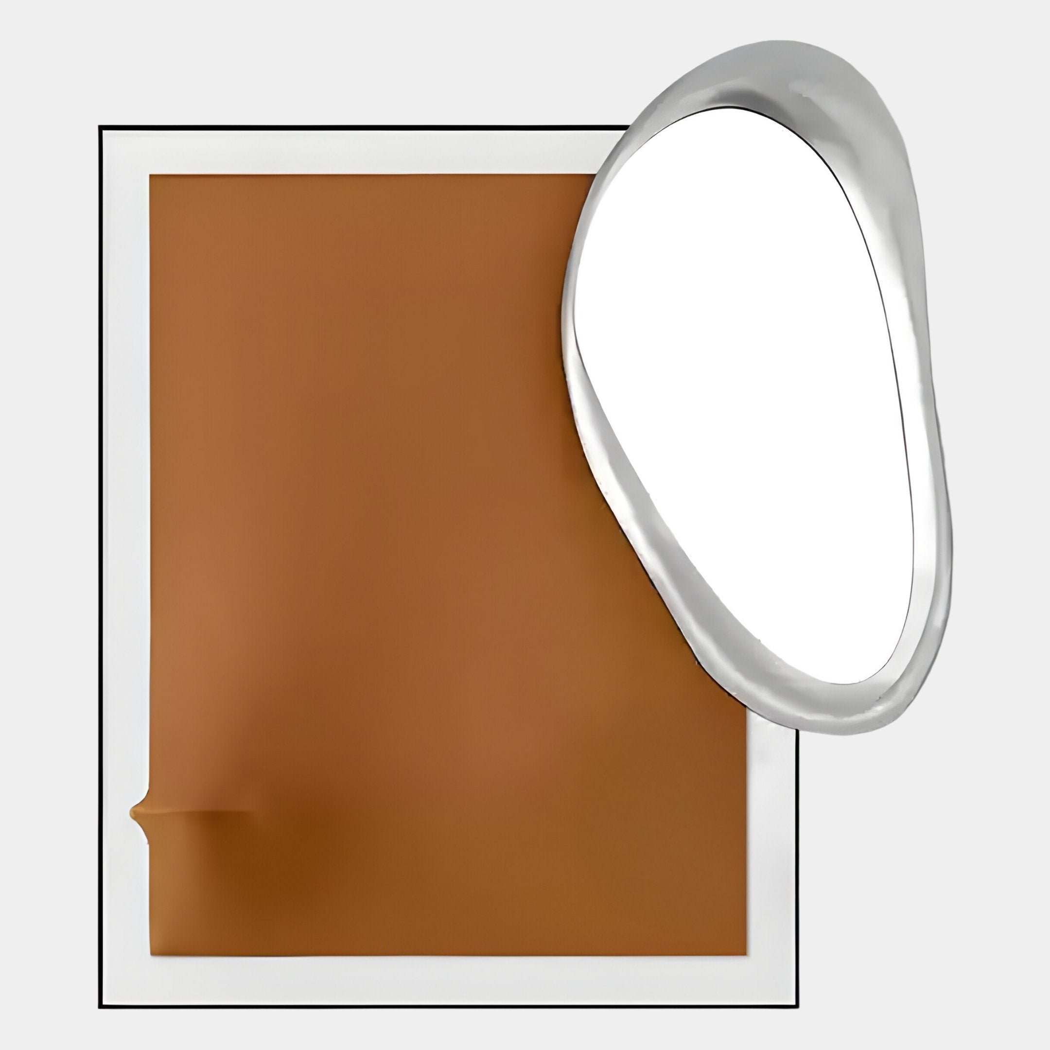 The Reflectra Brown Wood Relief 3D Wall Art With Silver Mirror by Giant Sculptures features a wavy silver mirror overlapping a brown wood relief panel, both with thin black frames, creating striking 3D wall art on a light background.