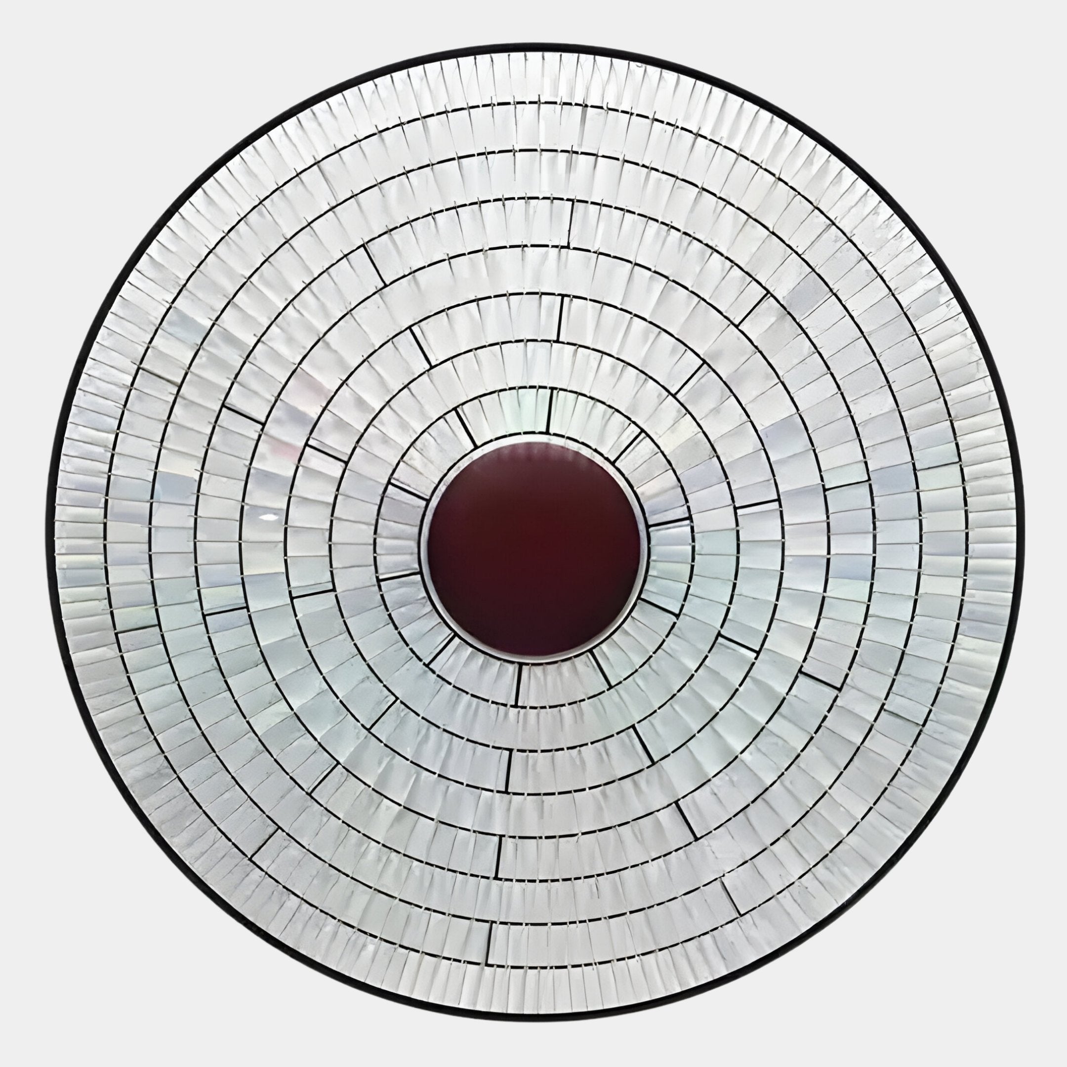 The Solis Radiant Deep Red Core Wood Relief 3D Wall Art by Giant Sculptures showcases concentric rings of iridescent white tiles around a vivid red center, framed by a slim black border on a light backdrop.