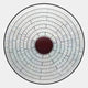 The Solis Radiant Deep Red Core Wood Relief 3D Wall Art by Giant Sculptures showcases concentric rings of iridescent white tiles around a vivid red center, framed by a slim black border on a light backdrop.