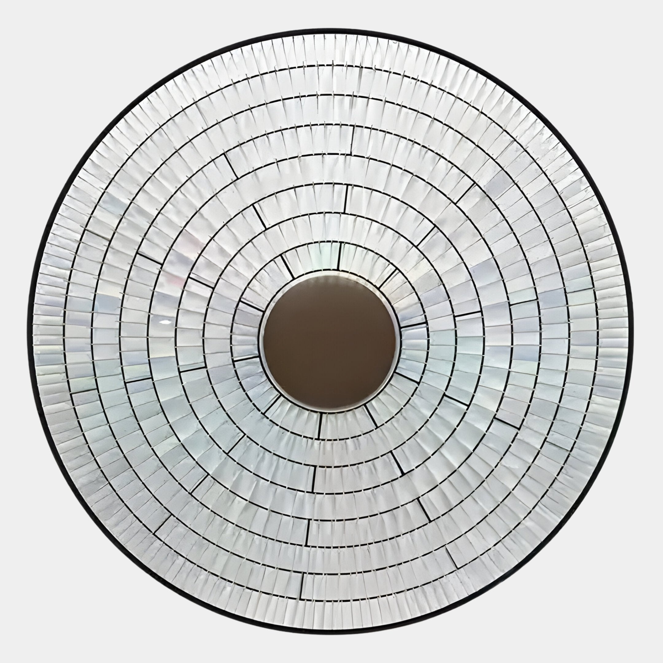 The Solis Radiant Brown Core Wood Relief 3D Wall Art by Giant Sculptures features a round brown core and concentric rings of iridescent acrylic tiles in a geometric pattern, creating striking wall art for any room.
