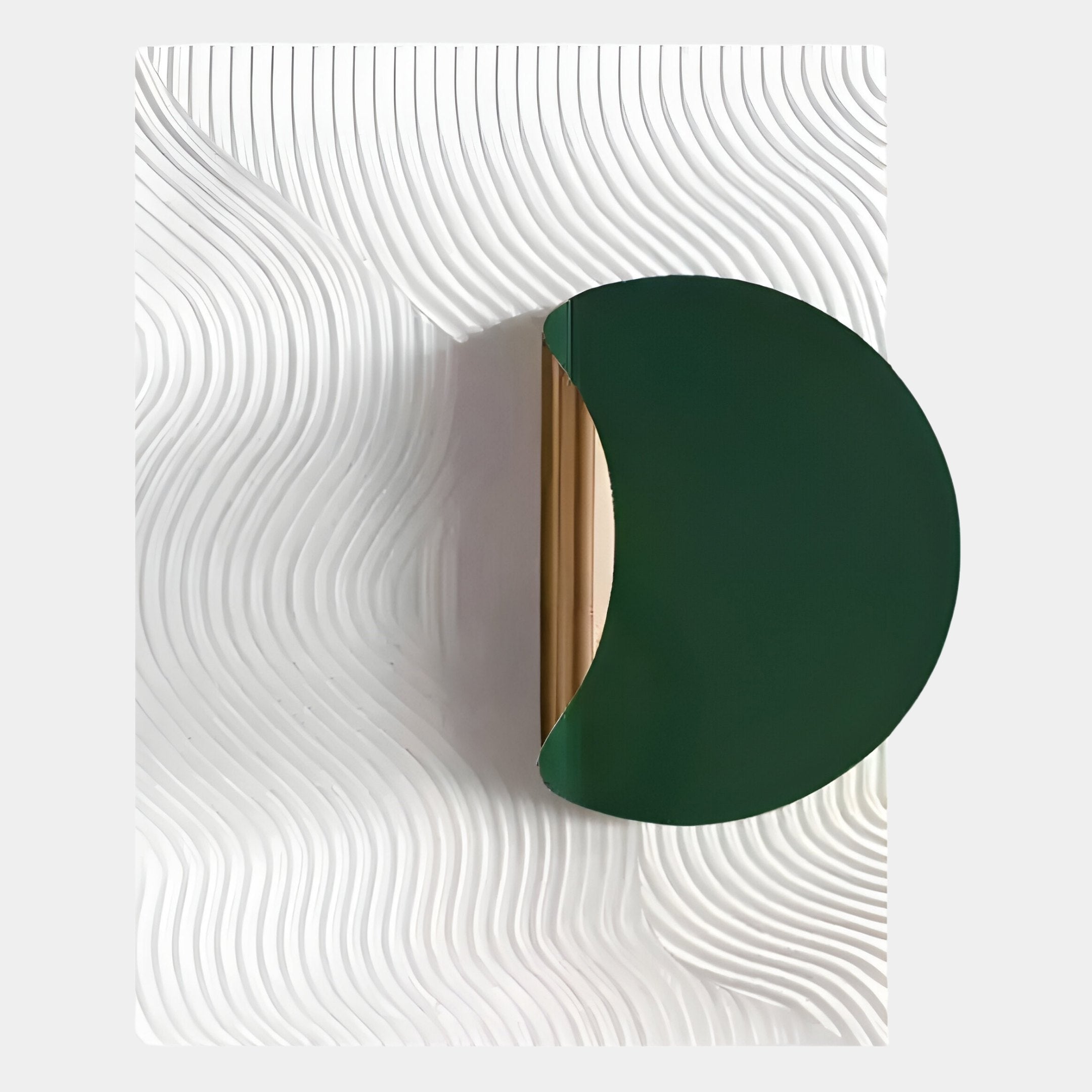 The Solvara Green & White Wood Relief 3D Wall Art by Giant Sculptures brings a stylish, minimalist touch with its semi-circular dark green and gold accents, evoking modern 3D wall art on a wavy white textured background.