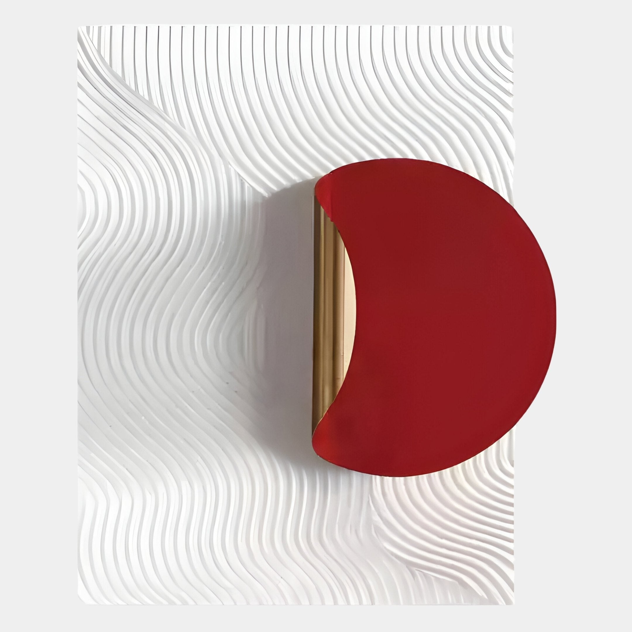 The Solvara Red & White Wood Relief 3D Wall Art by Giant Sculptures features a red semicircle and gold vertical bar on a white, embossed background, creating a modern, abstract geometric look that brings contemporary appeal to any space.