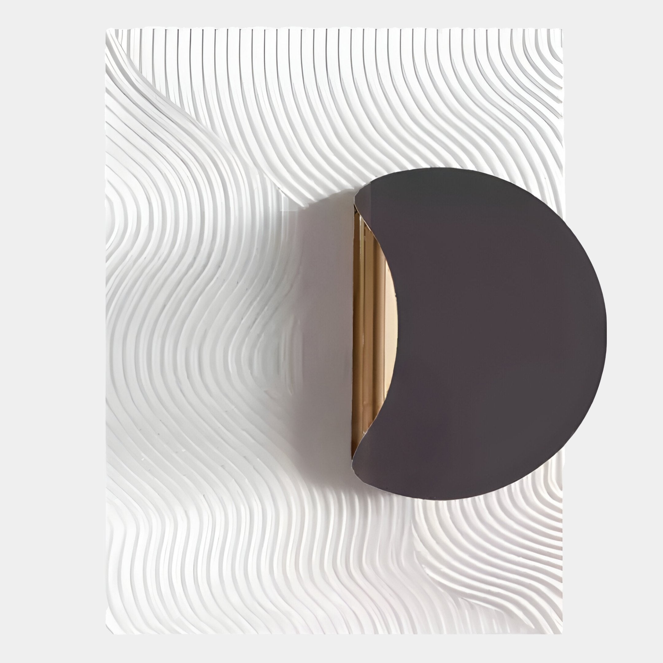 The Solvara Charcoal Grey & White Wood Relief 3D Wall Art by Giant Sculptures features a semi-circular charcoal cover casting shadows over a textured, wavy white surface—an ideal modern statement piece for any space.
